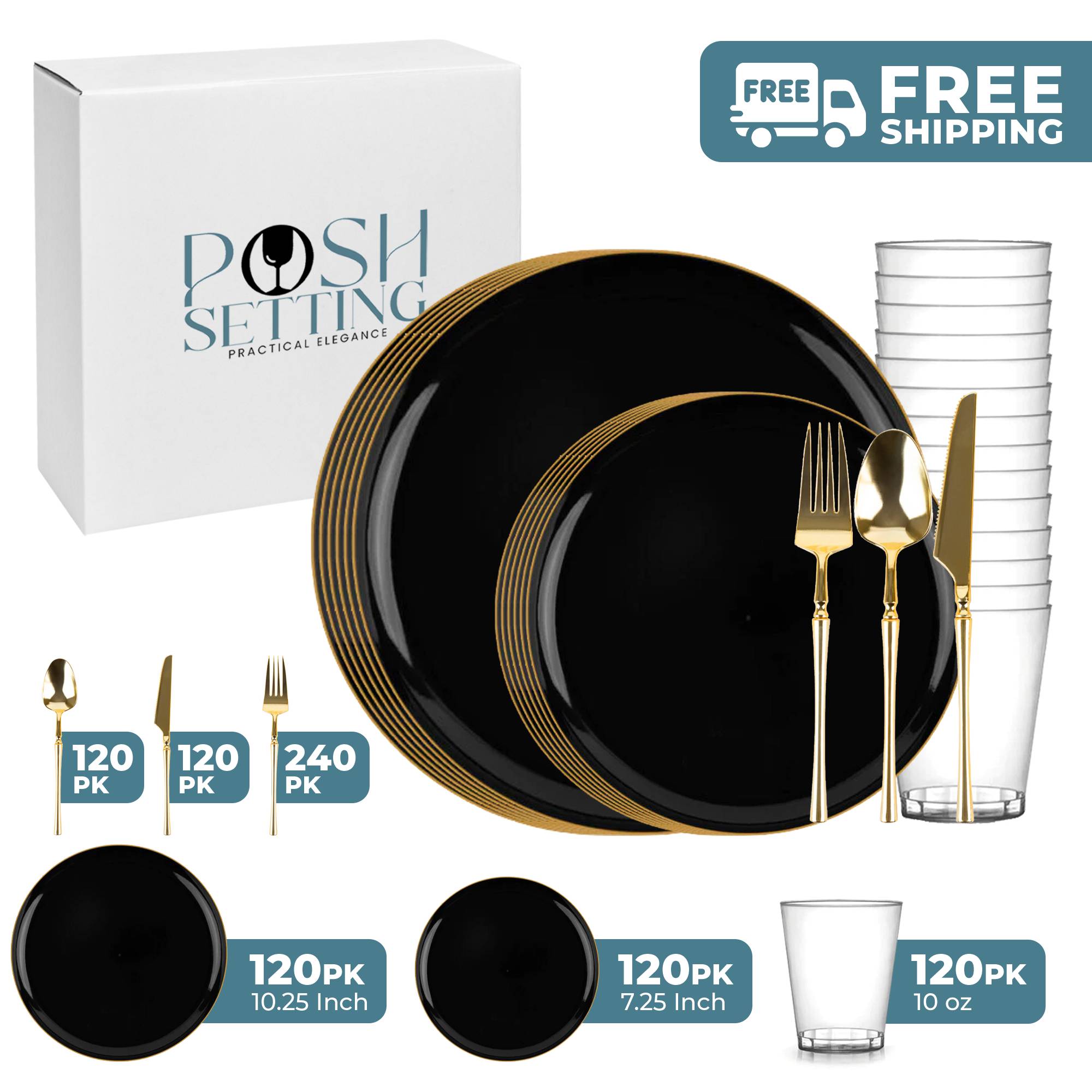 Luxury Black and Gold Plastic Party Supplies Bundle - Elegant Disposable Tableware for Weddings, Birthdays & Special Events