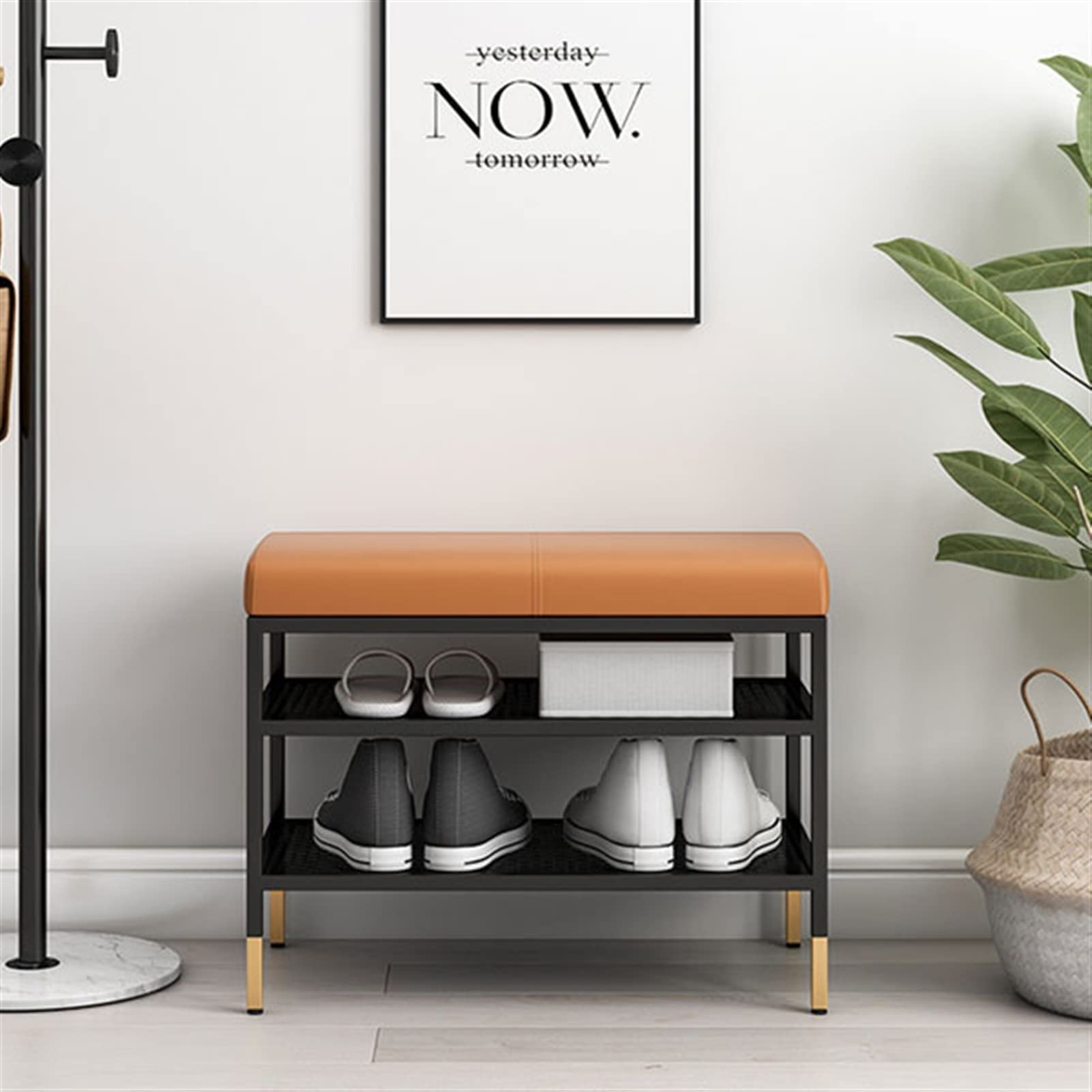 3-Tier Shoe Storage Bench with Leather Seat - 100cm Entryway Organizer for Foyer, Bedroom & Living Room | Durable Metal Shoe Rack Bench | Perfect for Small Spaces & Home Organization (Orange)