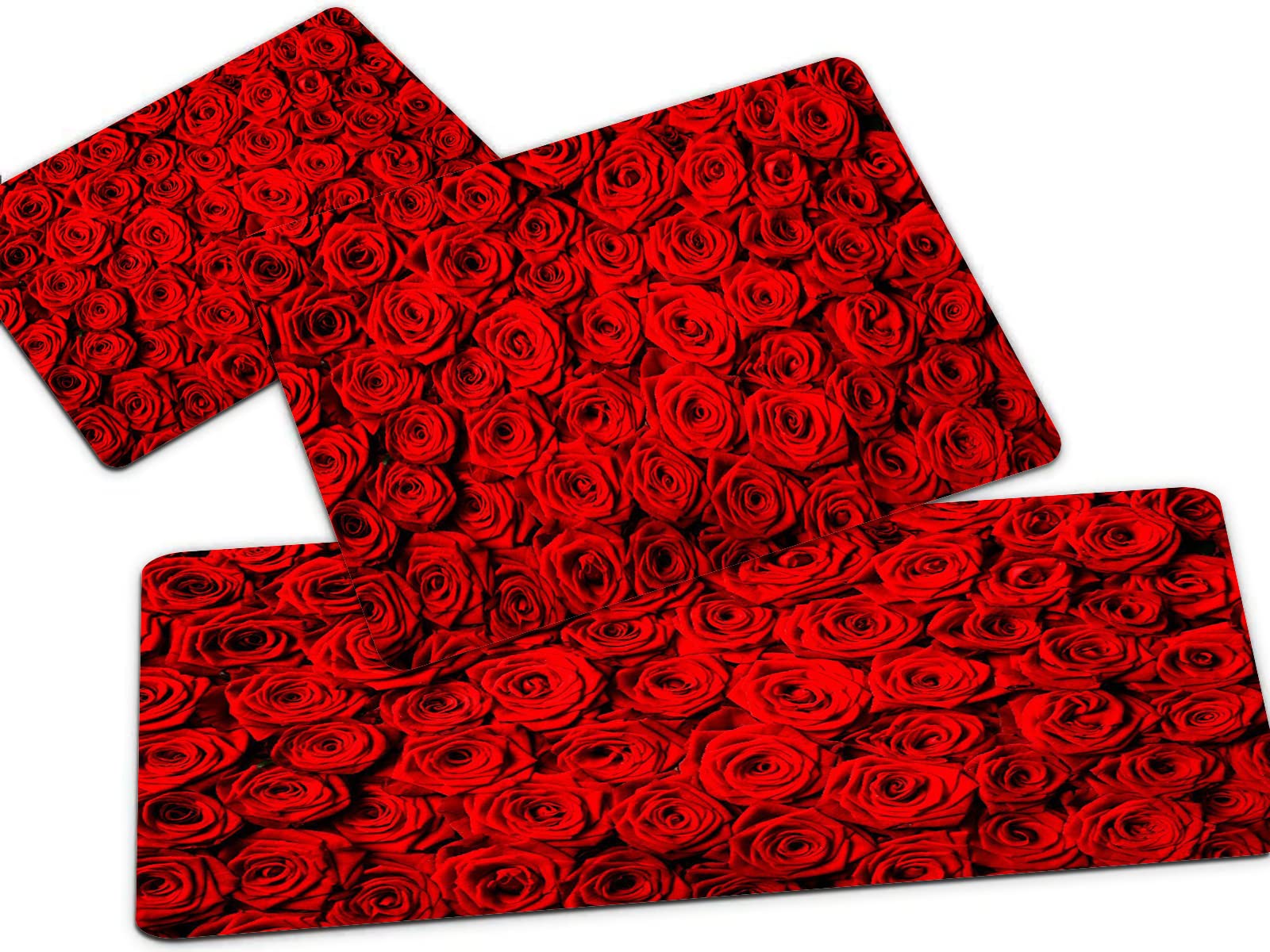 Non-Slip Kitchen & Bathroom Rug Set of 3 - Red Rose Flower Print Floor Mats, Washable Standing Mats for Home Decor, Comfort Doormat - Perfect for Kitchen, Bathroom & Entryway Floor Protection