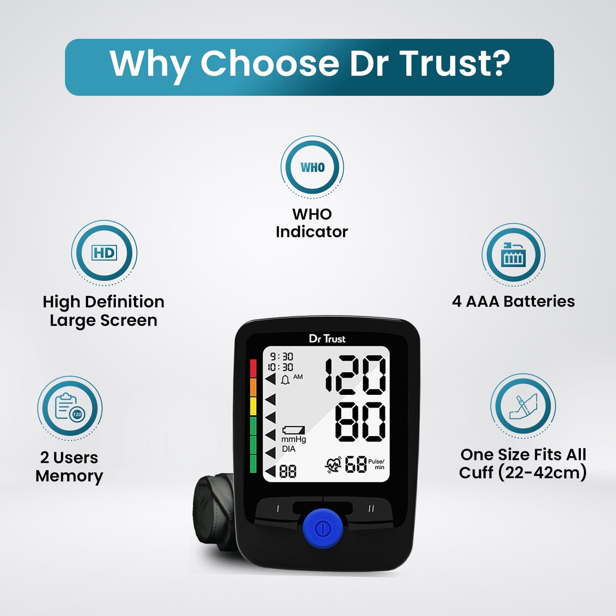Dr Trust USA Digital Blood Pressure Monitor - Upper Arm Cuff, Accurate BP Machine for Home Use, Large LCD Display, Memory Storage - Ideal for Hypertension Monitoring & Heart Health Tracking