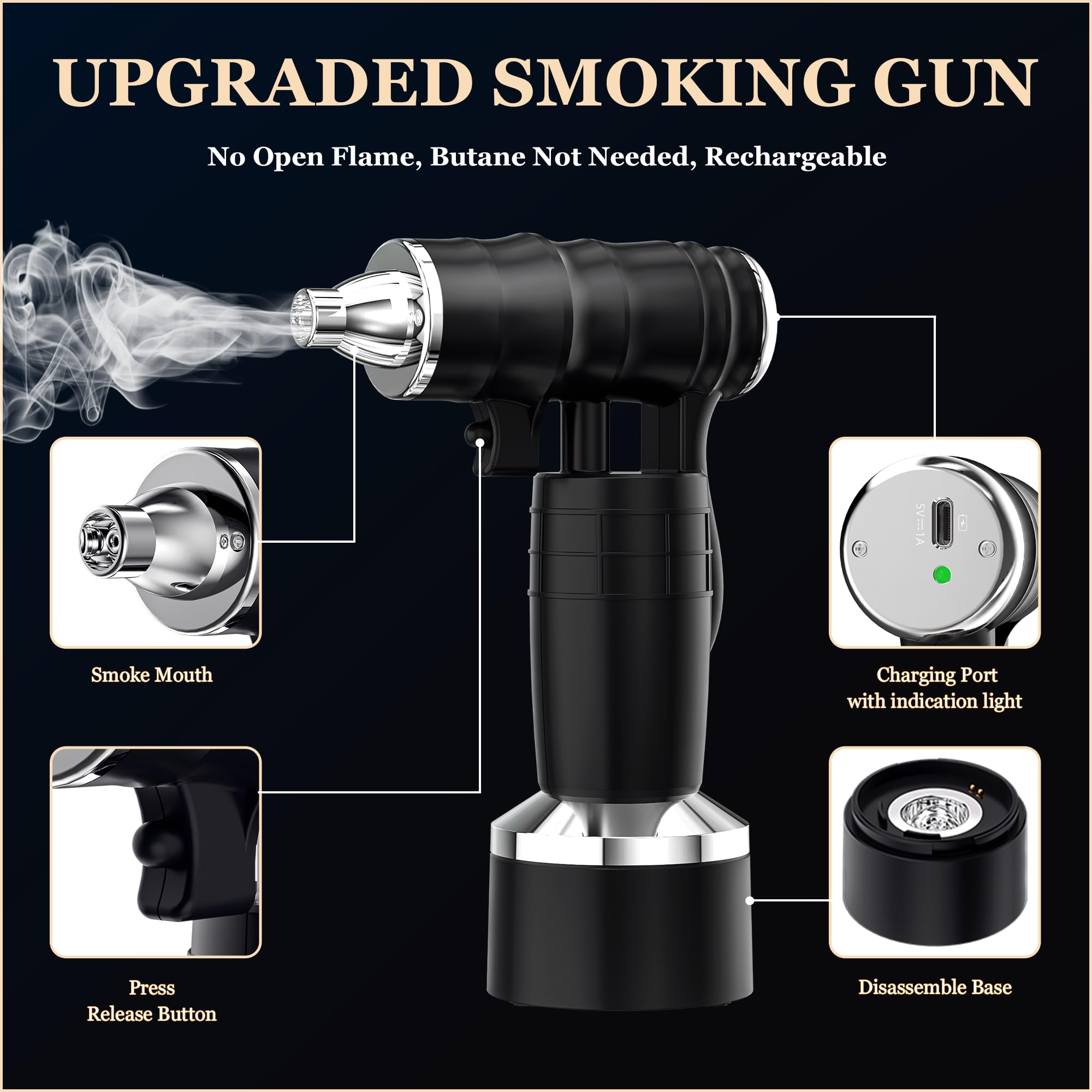 Electric Cocktail Smoker Kit - Rechargeable Whiskey & Bourbon Smoker with Smoking Gun, 8 Wood Chips Included - No Butane Needed - Perfect for Home Bars, Cocktail Parties & Gourmet Food Smoking (Black)