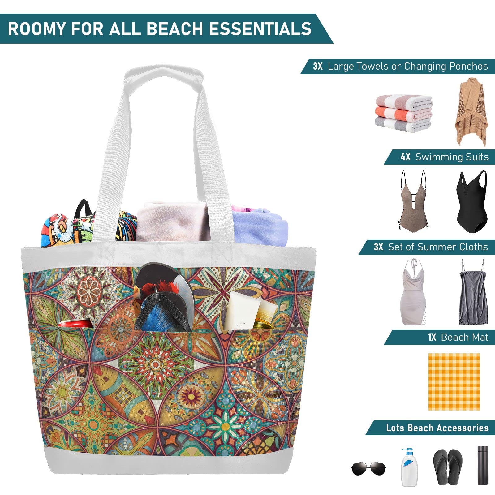 J JOYSAY Large Ethnic Floral Mandala Mesh Beach Tote Bag for Women - Stylish Travel, Overnight & Gym Bag - Perfect for Beach Vacations, Pool Parties & Summer Outings