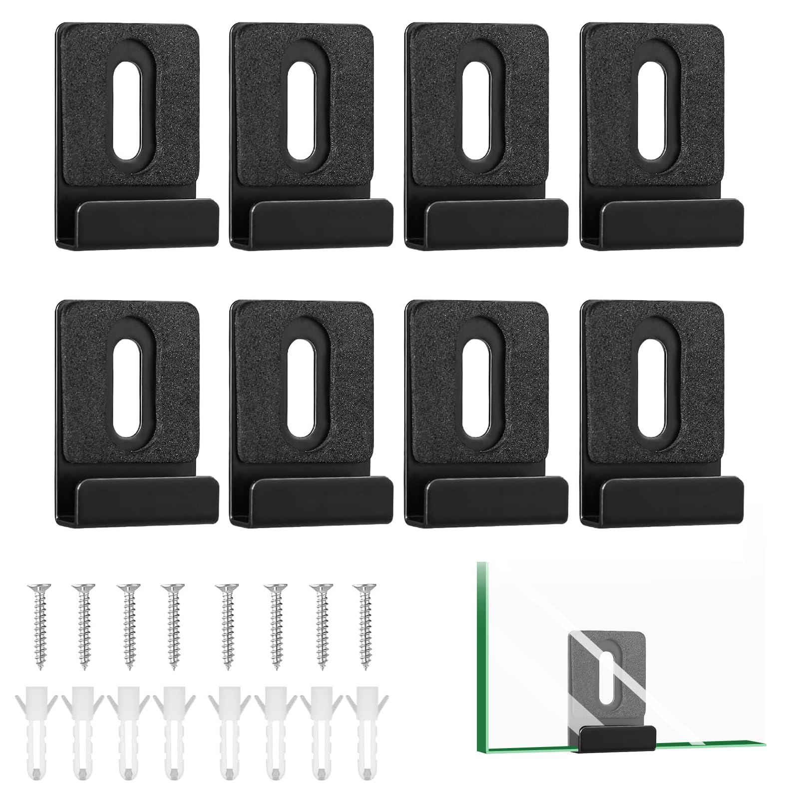 8 Pack Black Mirror Clips for Wall Mounting - Heavy Duty Frameless Mirror Hangers with Screws - Secure Holder for Bathroom Mirrors, Billboard Displays & Tile Wall Art - Perfect for Home, Office & Retail Spaces