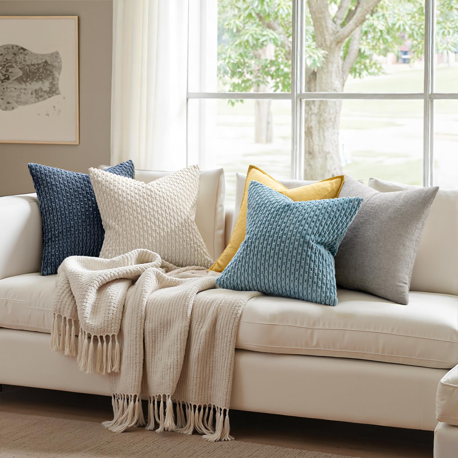 MIULEE Soft Corduroy Boho Striped Throw Pillow Covers Set of 2 - 18x18 Inch Cream White Decorative Pillow Cases for Couch, Sofa, Bed & Living Room - Farmhouse Home Decor Perfect for Spring Refresh & Cozy Comfort