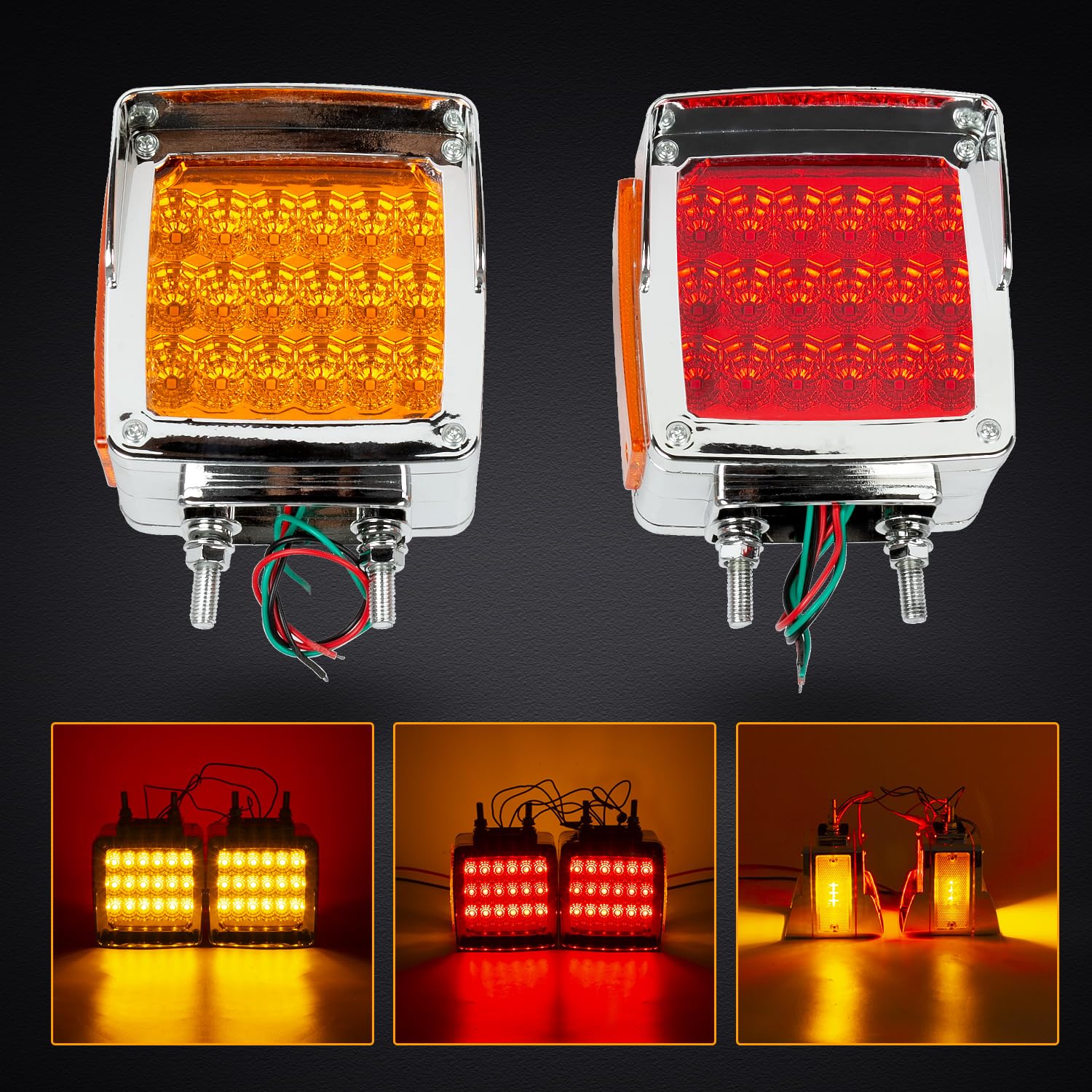 RANSOTO Chrome Square LED Side Marker & Turn Signal Lights - Double Face Red/Amber Pedestal Fender with Visor - Compatible with Peterbilt, Freightliner, International, Kenworth Trucks - Perfect for Semi Trailers, Heavy Duty Trucks & Commercial Vehicles