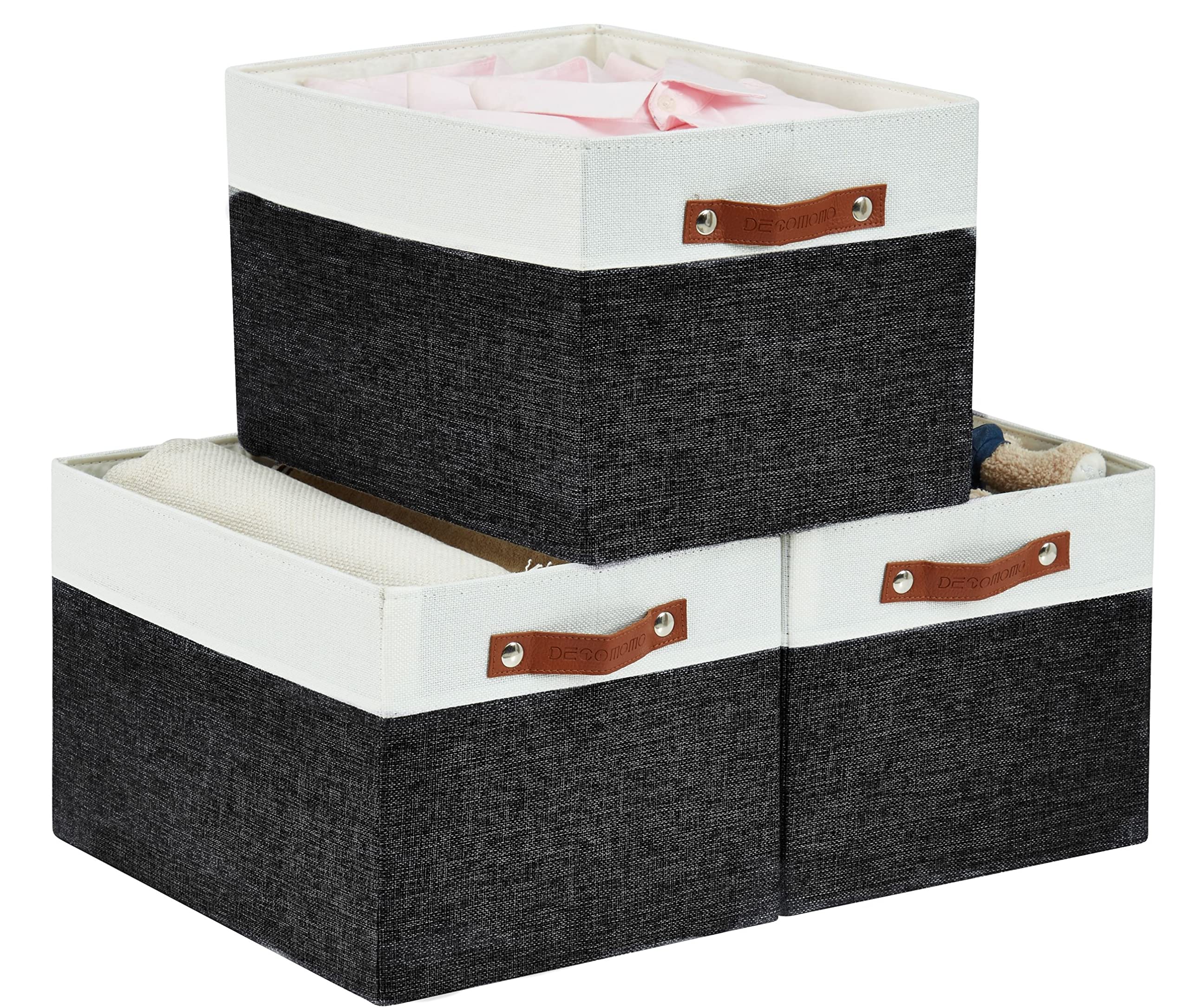 DECOMOMO 3-Pack Fabric Storage Bins with Handles - Black & White Closet Organizer Baskets for Toys, Books, Nursery & Office Shelves | Perfect for Home Organization & Decluttering