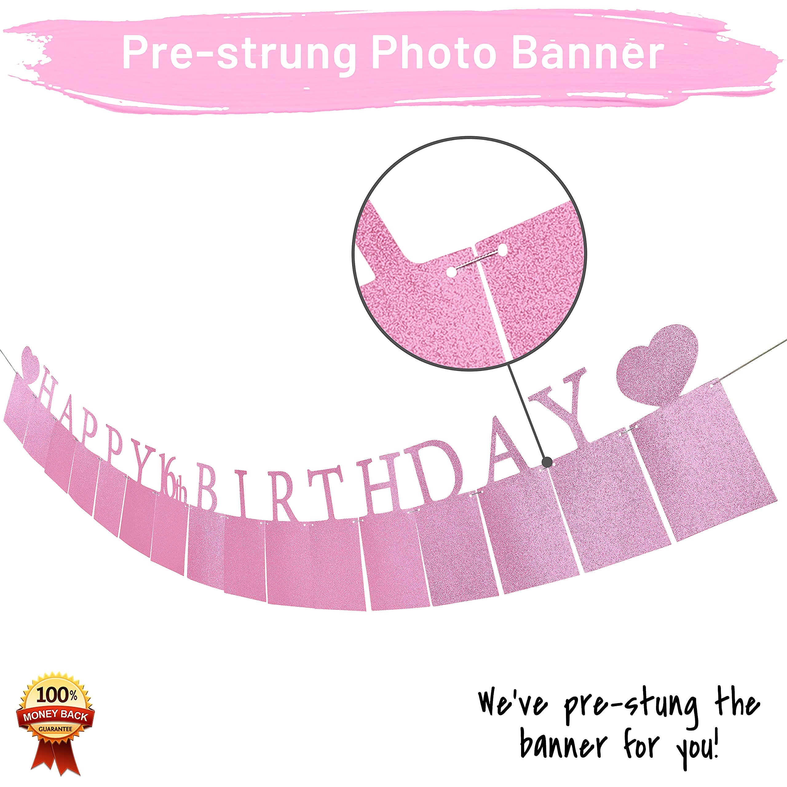 Sweet 16 Birthday Party Decorations - Purple Pre-Assembled Photo Banner with 16 Card Frames | Happy 16th Birthday Decor for Girls | Perfect for Sweet Sixteen Parties, Photo Booths & Milestone Celebrations