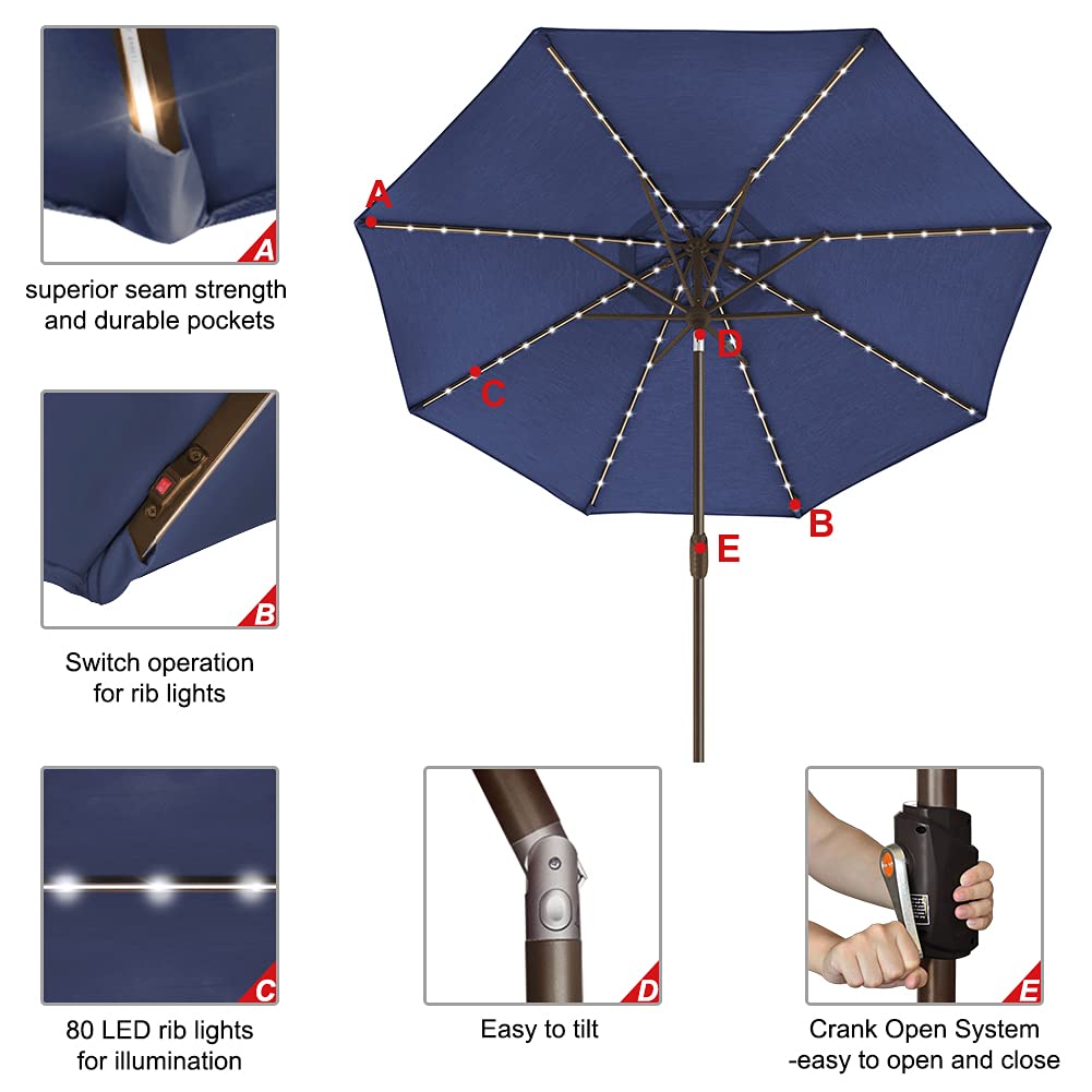 EliteShade USA 10-Year Fade-Resistant 9ft Solar LED Patio Umbrella with 80 Lights - Outdoor Market Umbrella with Ventilation for Garden, Poolside & Restaurant - Navy Blue