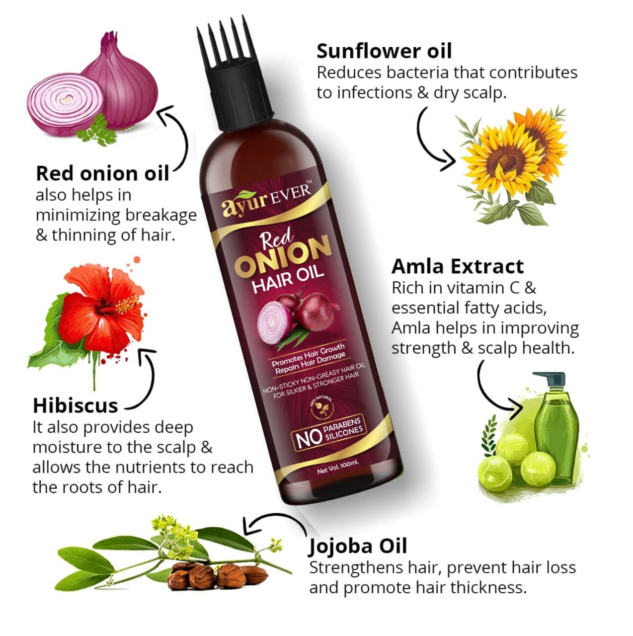 AYUREVER Red Onion Hair Oil for Hair Growth & Hair Loss Treatment - Anti-Dandruff Scalp Care with Deep Root Comb Applicator (100ml) - Promotes Thicker, Stronger Hair for Men & Women | Daily Hair Care & Styling Essential