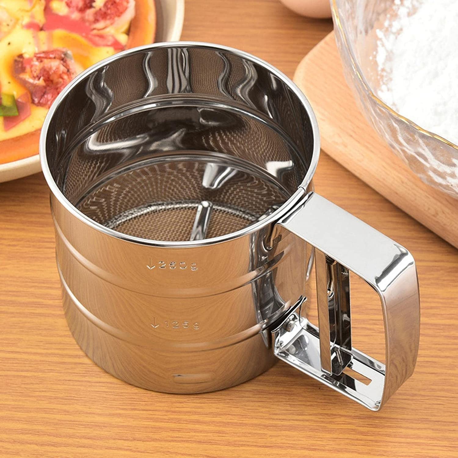 Premium Stainless Steel Mesh Flour Sifter - Mechanical Baking Sugar Shaker Sieve with Handle - Perfect for Baking, Cake Decorating & Kitchen Use