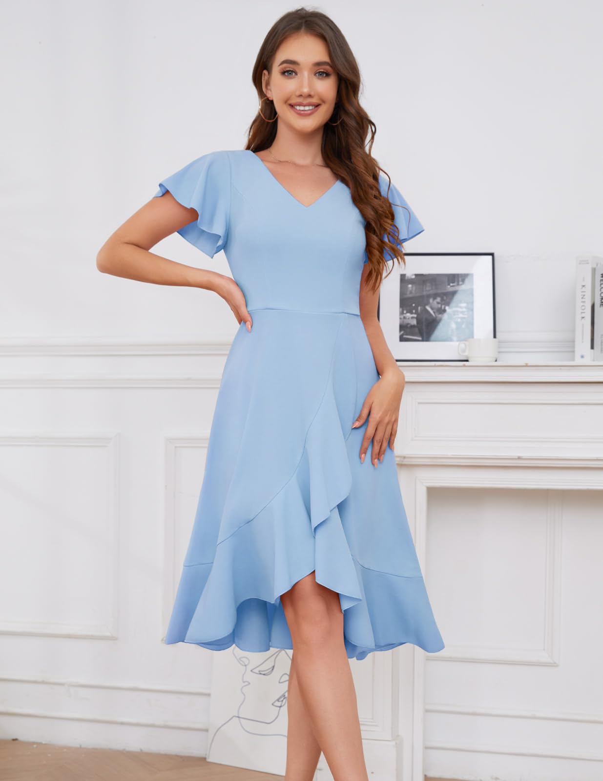 DRESSTELLS Women's Cocktail Dresses 2025 | Formal Wedding Guest Dress with Ruffle Detail | V-Neck Vintage Evening Gown for Prom, Party & Special Occasions