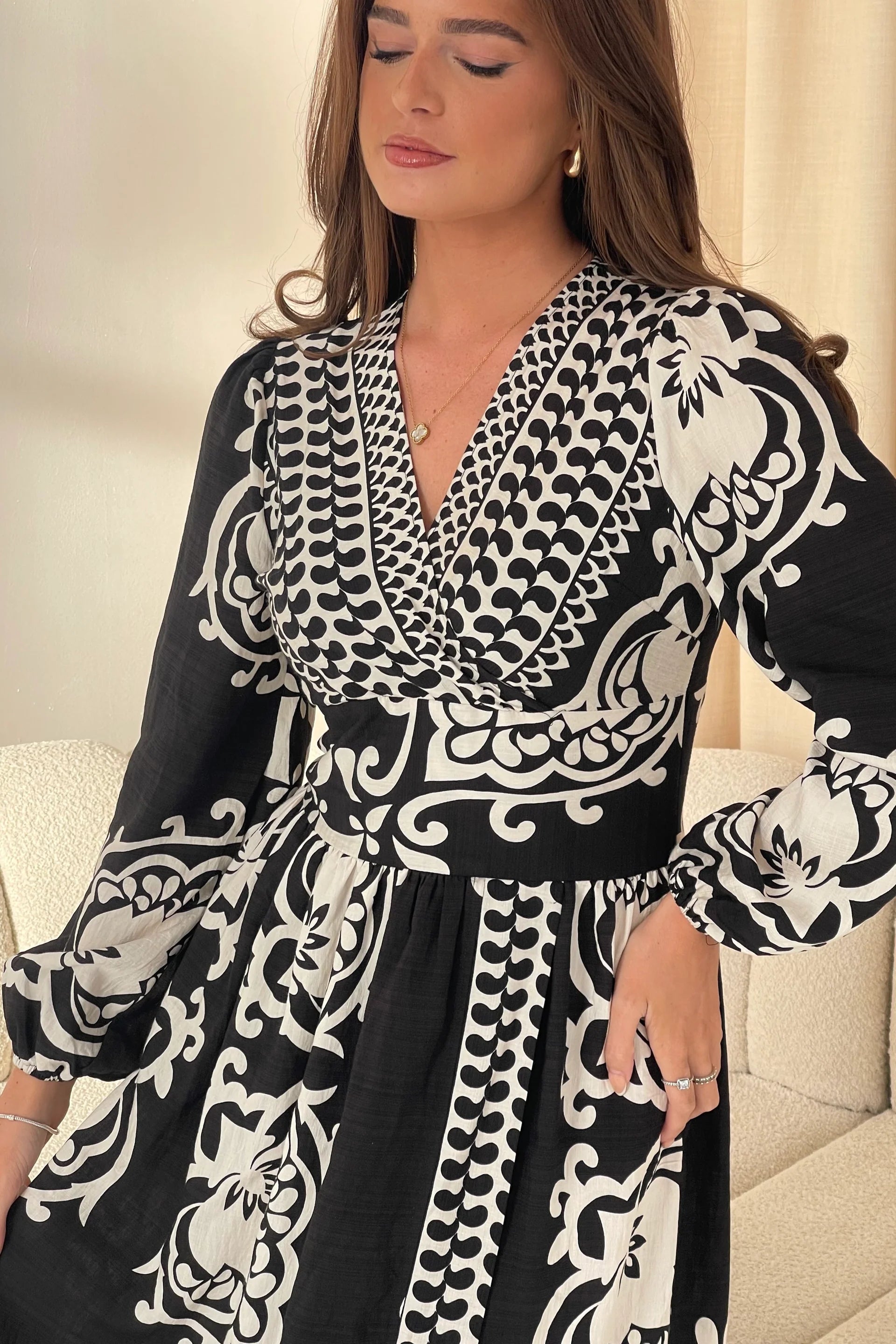 Juno Border Print Long Sleeve Maxi Dress for Women - Flowy Bohemian Style Black Maxi Dress with Ethnic Pattern - Perfect for Beach Vacation, Date Night & Summer Festival