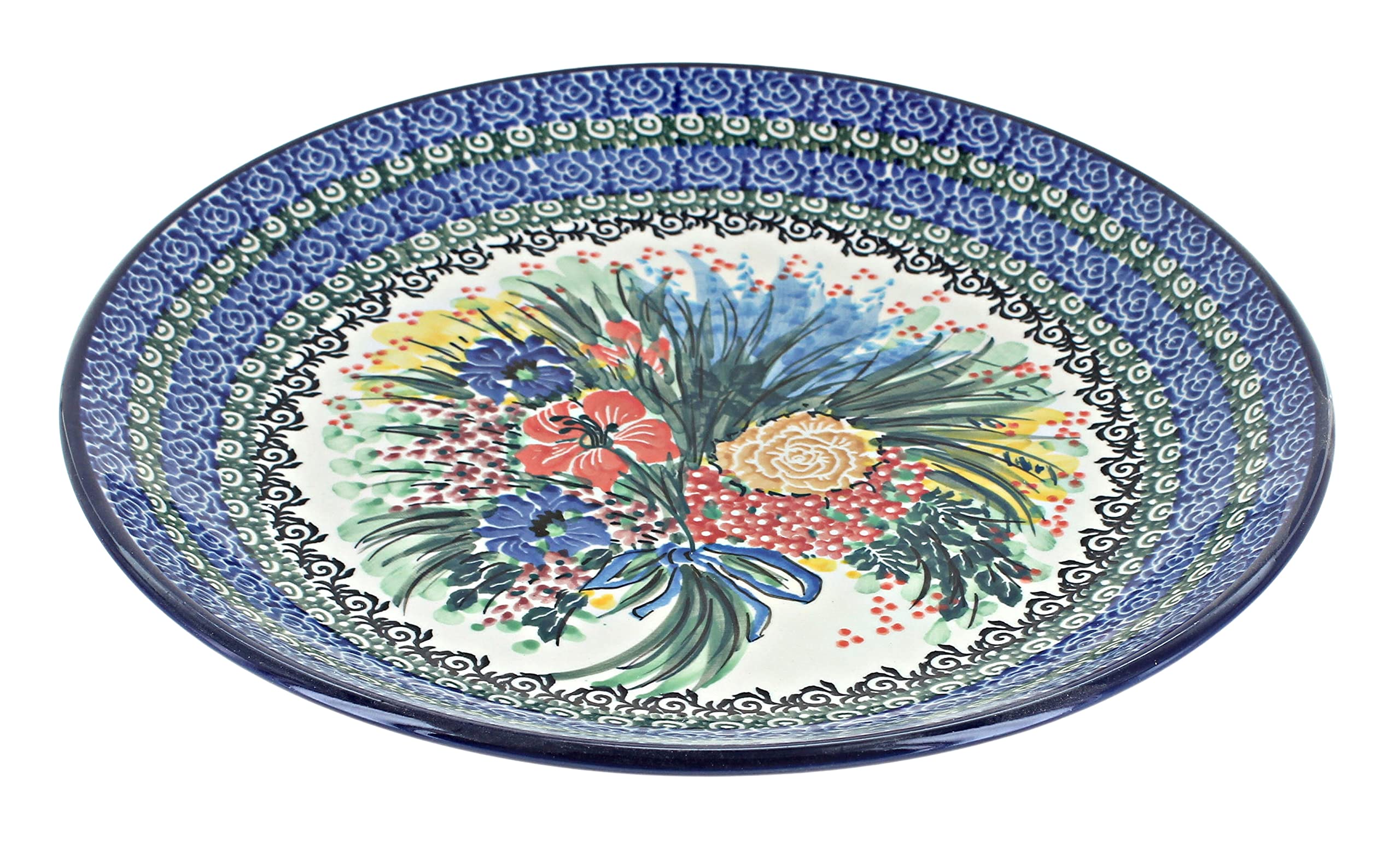 Blue Rose Polish Pottery Summer Blooms Dinner Plate - Handmade Ceramic Floral Design Plate for Dining, Home Decor & Special Occasions