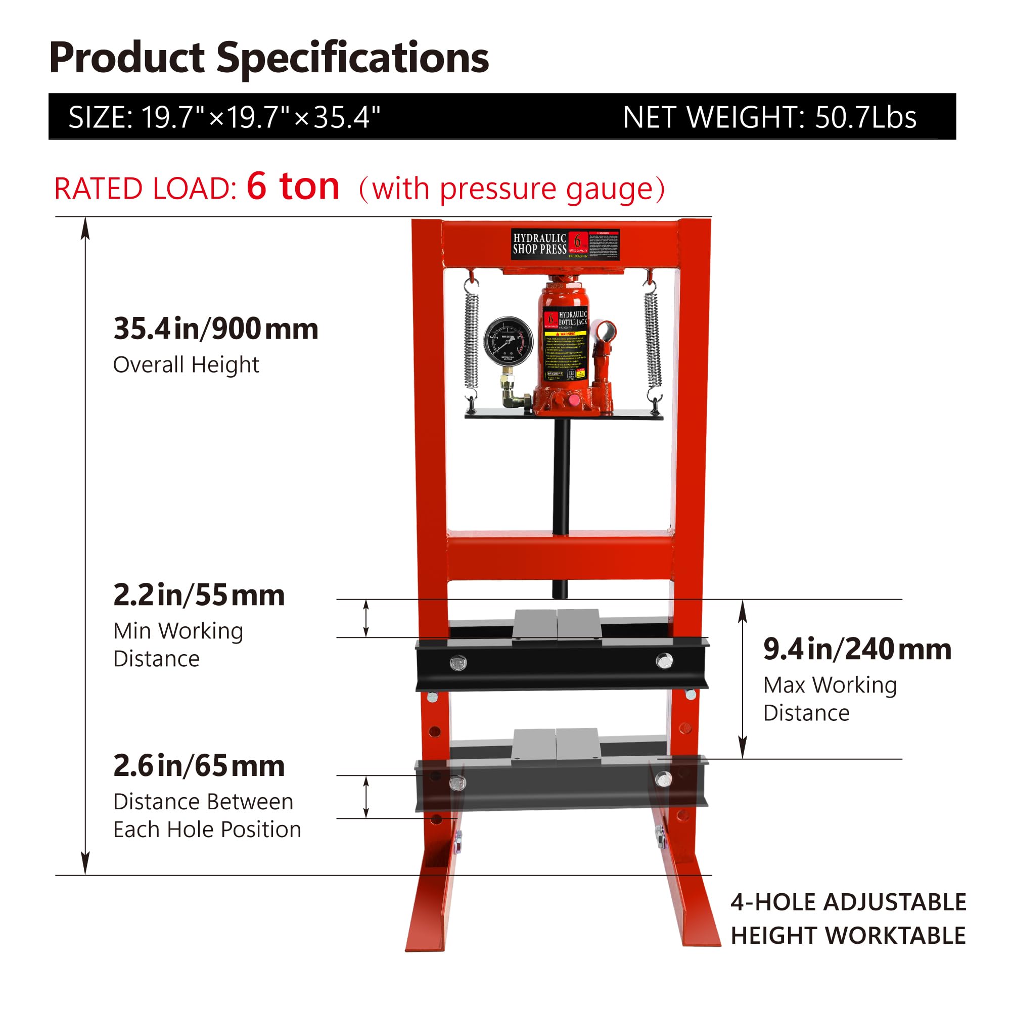6 Ton Hydraulic Shop Press - Heavy Duty H-Frame Garage Floor Press with Pressure Gauge, Adjustable Work Table & Press Plates - Ideal for Bearing Removal, Gear Repair, Metalworking & Automotive Maintenance