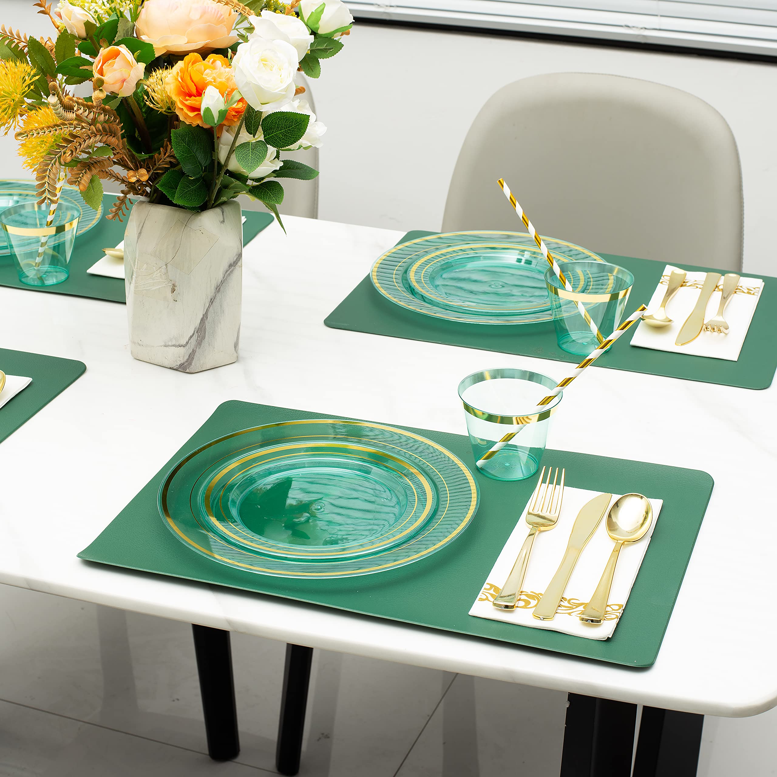 400-Piece Mint Green Disposable Plastic Plates Set for 50 Guests - Heavy Duty Dinner Plates, Fancy Dessert Plates, Gold/Silver Cutlery, Cups, Napkins & Straws - Perfect for Weddings, St. Patrick's Day, Easter & Party Events
