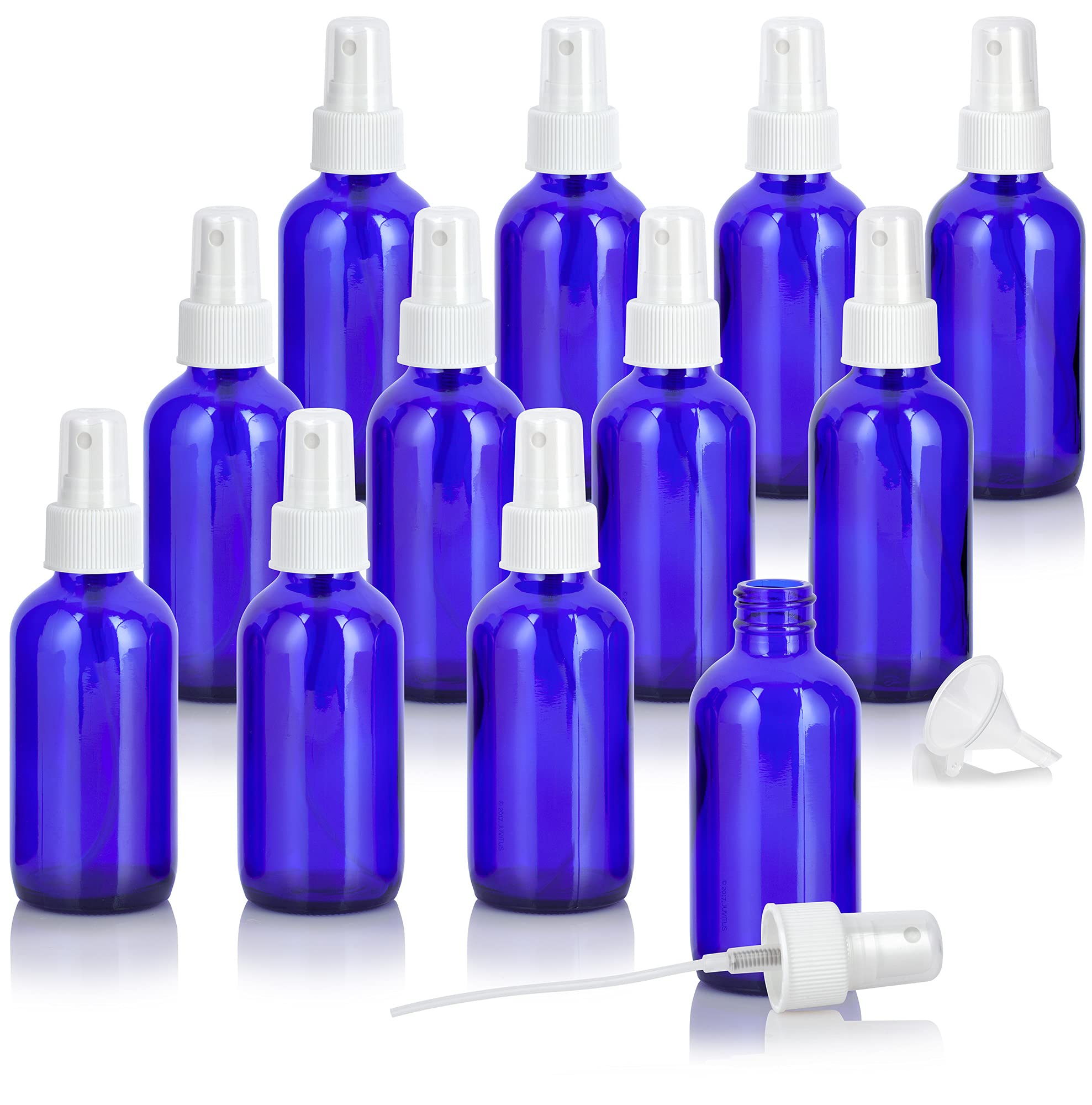JUVITUS 4 oz Cobalt Blue Glass Boston Round Bottle with White Fine Mist Spray (12 Pack) + Funnel - Perfect for Essential Oils, Perfumes, DIY Beauty & Cleaning Solutions
