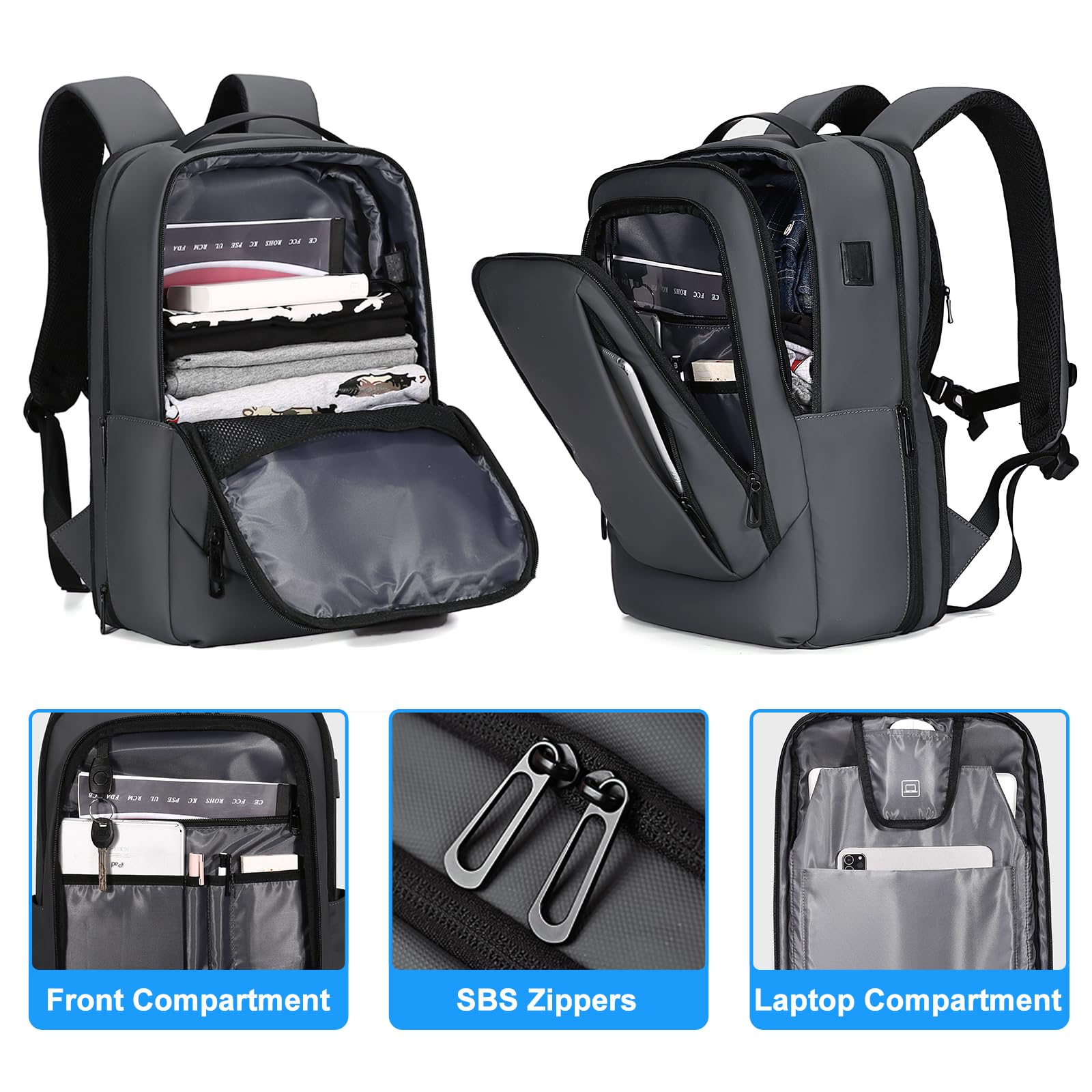 FENRUIEN Expandable Business Travel Backpack with USB Charging Port - 15.6 Inch Laptop Backpack for College, Work & Commuting - Water-Resistant Gray Computer Backpack for Men & Women - Perfect for Business Trips, Daily Office Use & Campus Life
