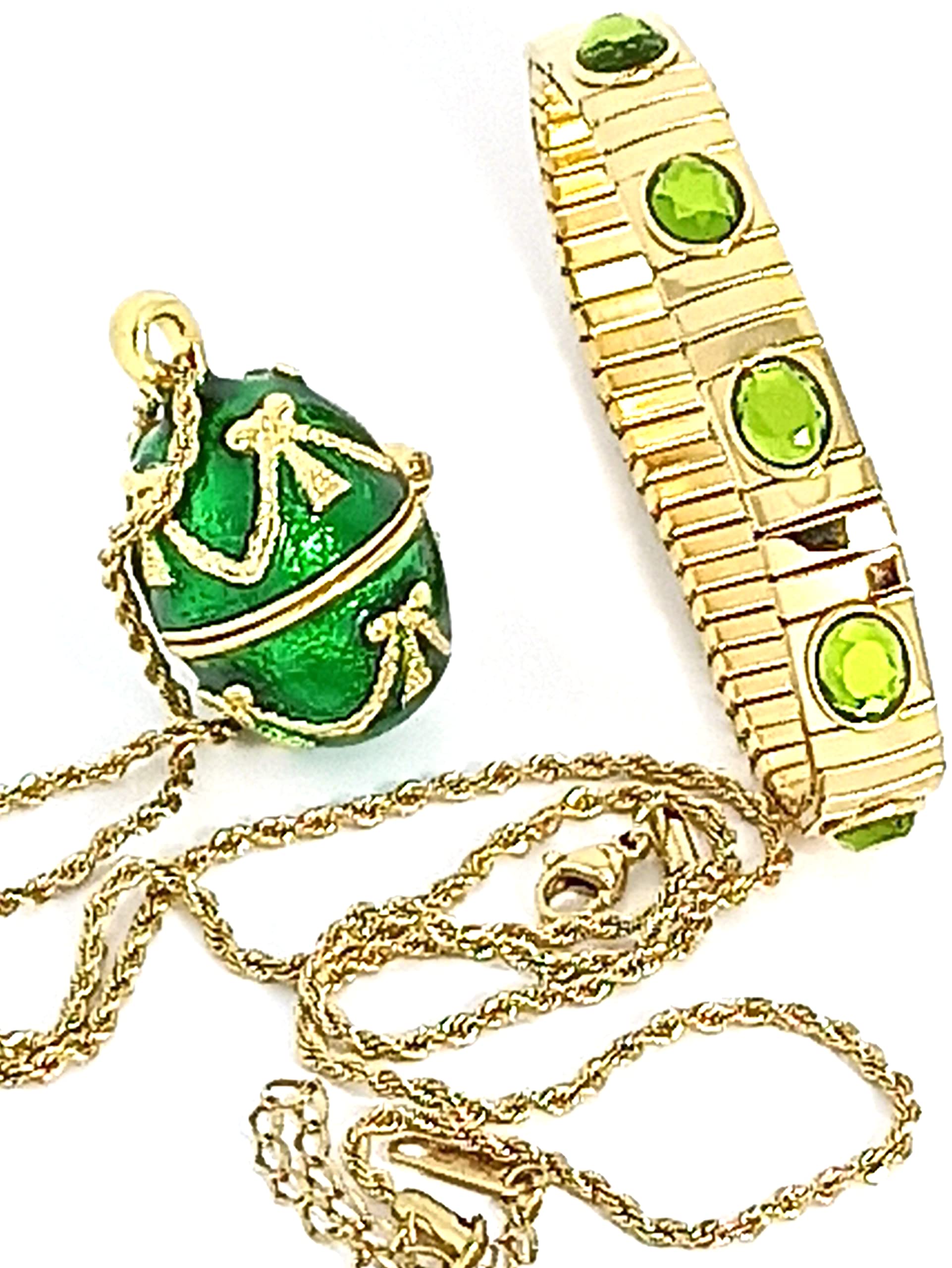 Handmade 24K Gold Emerald Green Faberge Egg Pendant Necklace & Bracelet Set - 1.5