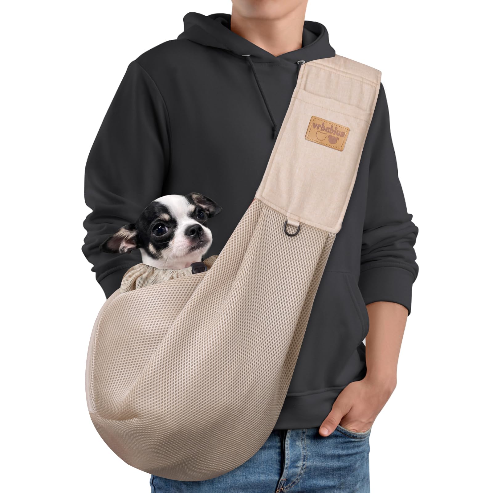 Breathable Mesh Dog Sling Carrier - Adjustable Hands-Free Pet Sling for Small Dogs, Travel & Outdoor Use with Convenient Pocket (Beige, Large) - Perfect for Hiking, Shopping & Daily Errands