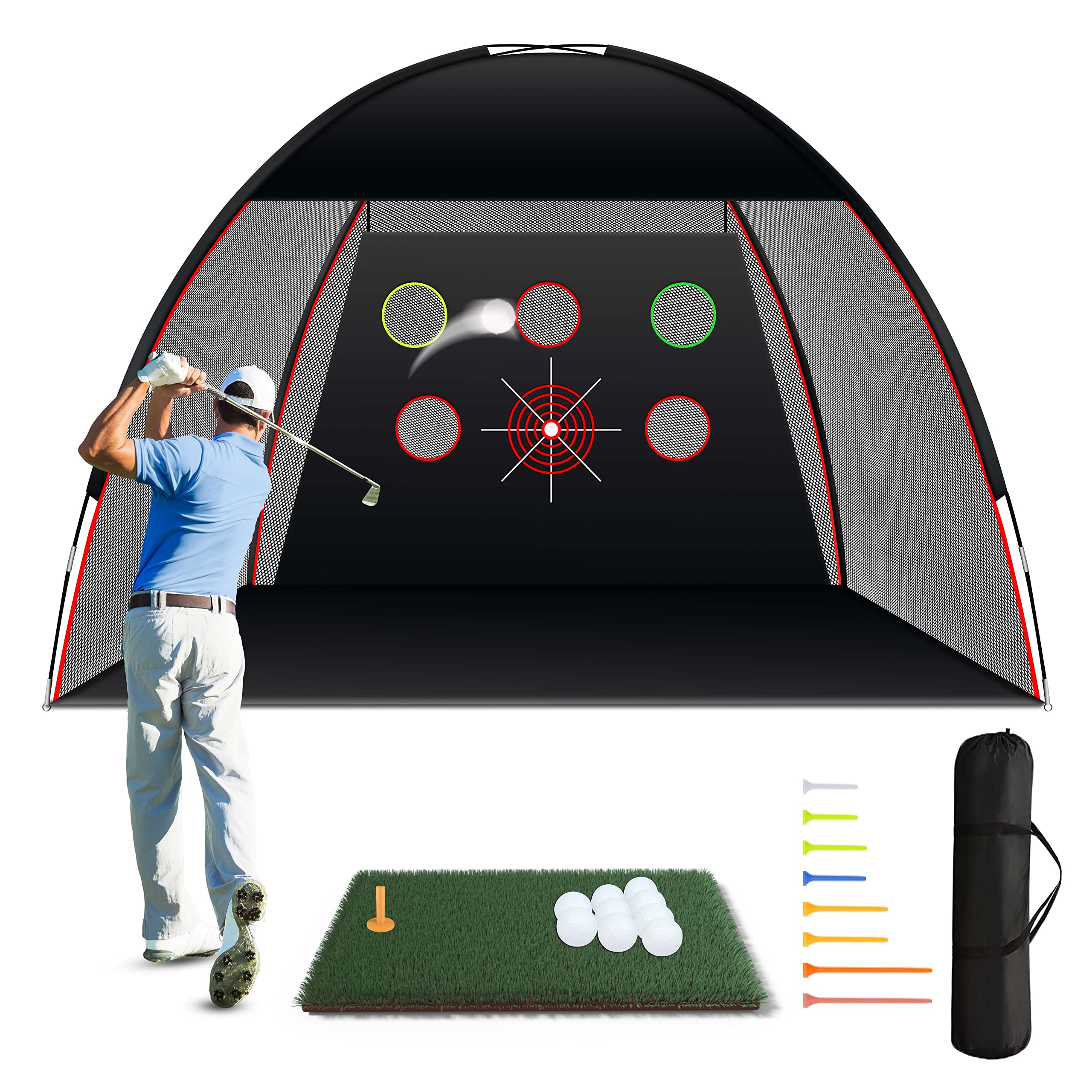 JEMOSH 10x7 Ft Golf Net & Mat Set - Premium Indoor/Outdoor Golf Practice Hitting Net for Backyard, Garage & Driving Range with Accessories | Perfect for Home Training, Backyard Practice & Golf Skill Improvement