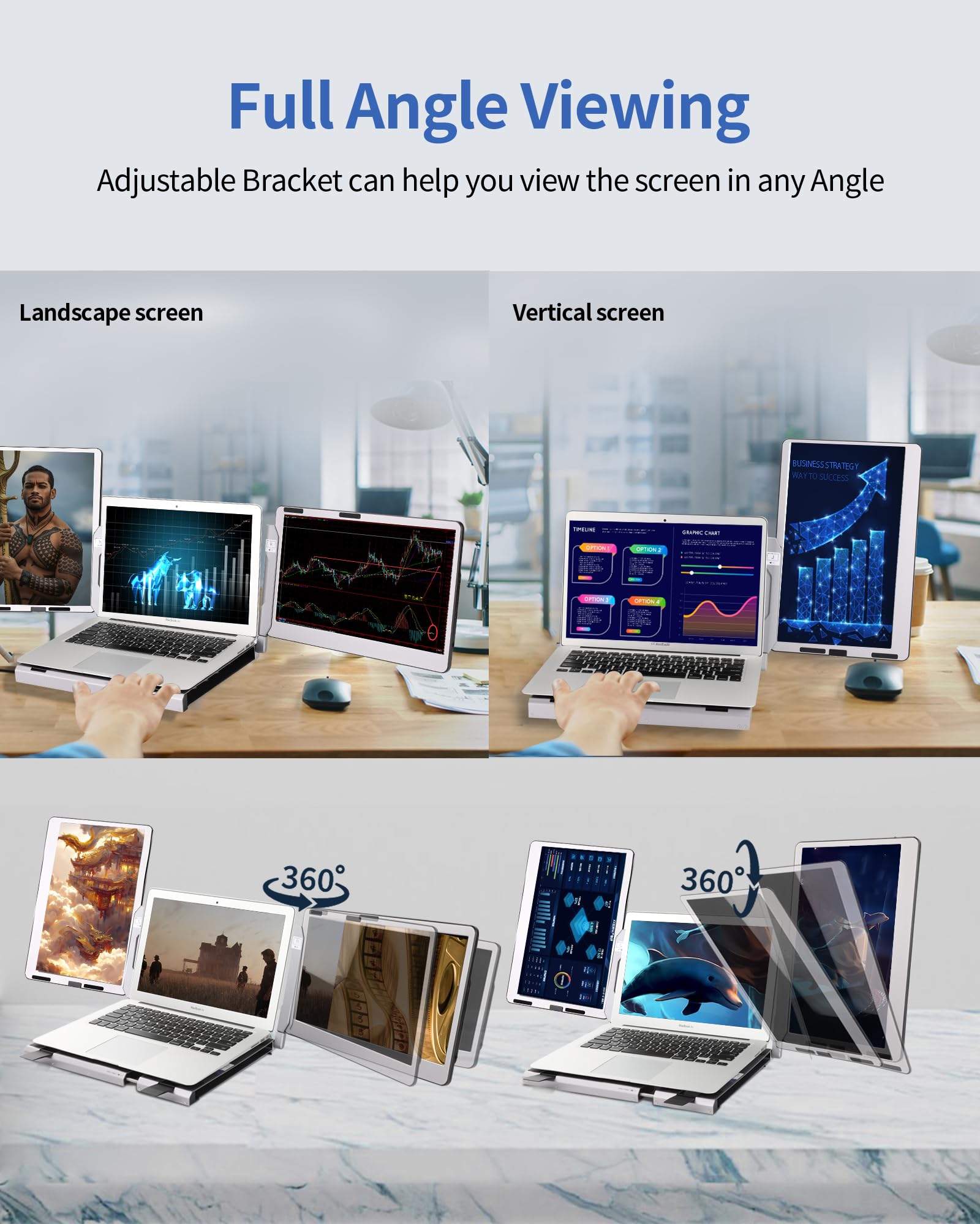 14 Inch Alecewey F2 Triple Portable Laptop Monitor Extender - Adjustable Stand, Full Angle View, Plug & Play USB-C/HDMI - Compatible with Windows & Mac - Perfect for Work, Gaming & Multitasking