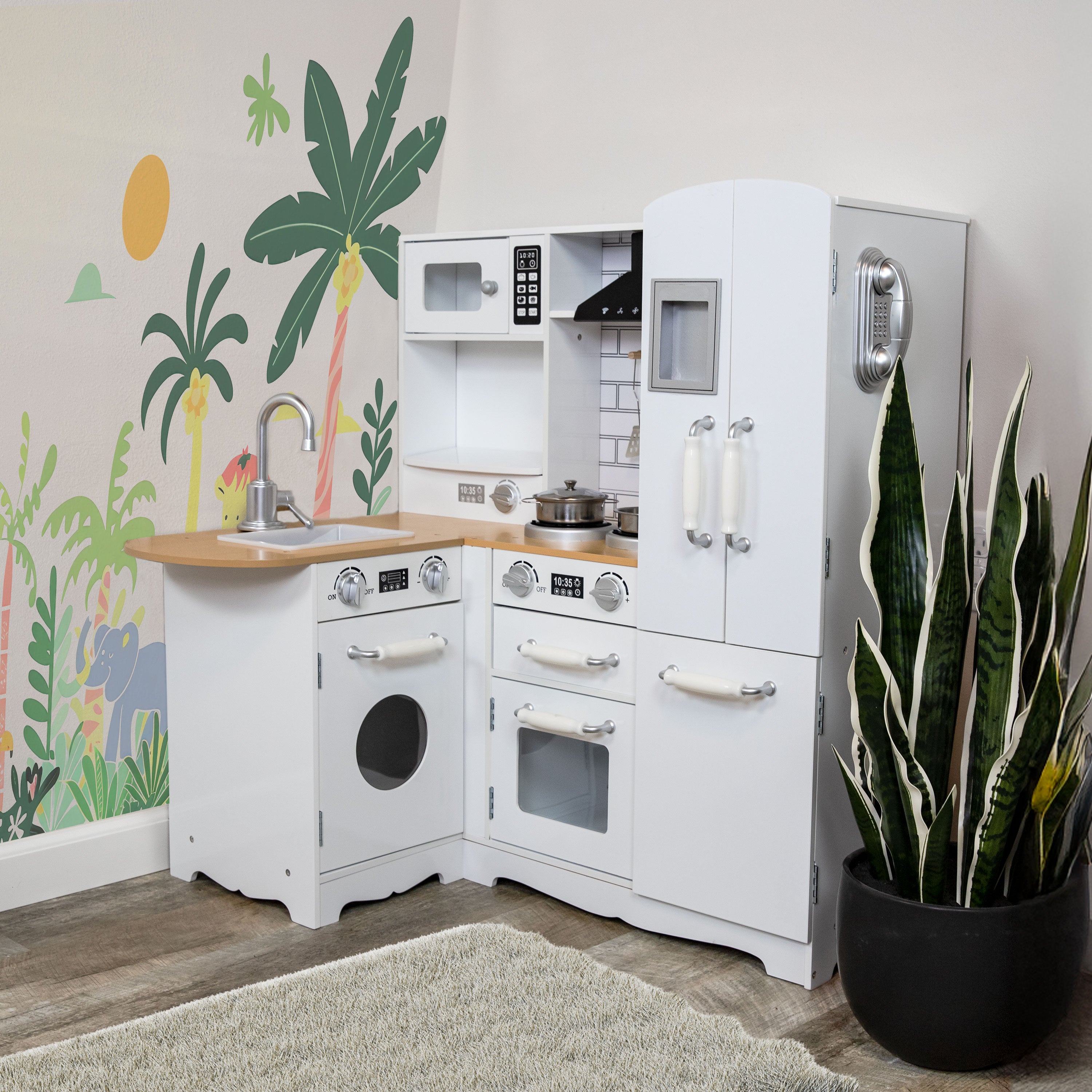 Sunnydaze Cozy Corner Wooden Play Kitchen Set with Accessories - Pretend Play Toy for Kids, Perfect for Indoor & Outdoor Imaginative Play