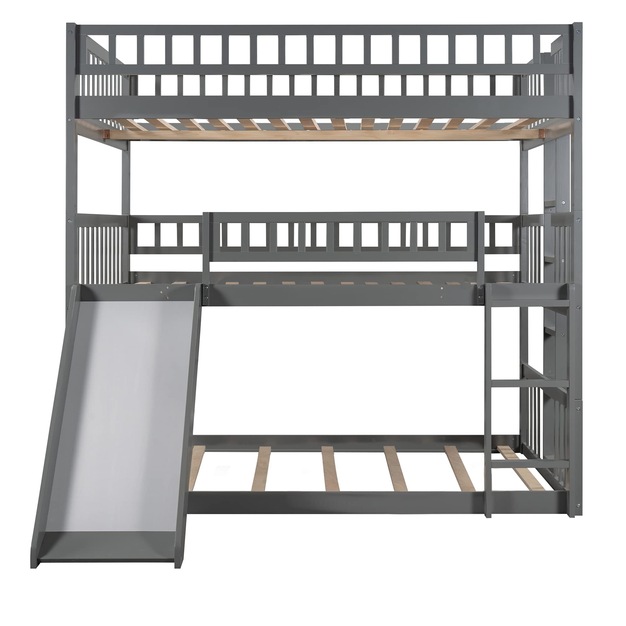 Full Over Full Over Full Triple Bunk Bed with Slide - Wooden Full Size Bunk Bed Frame with Safety Guard Rail & Ladder - Space-Saving Gray Bunk Bed for Kids, Teens & Guest Rooms
