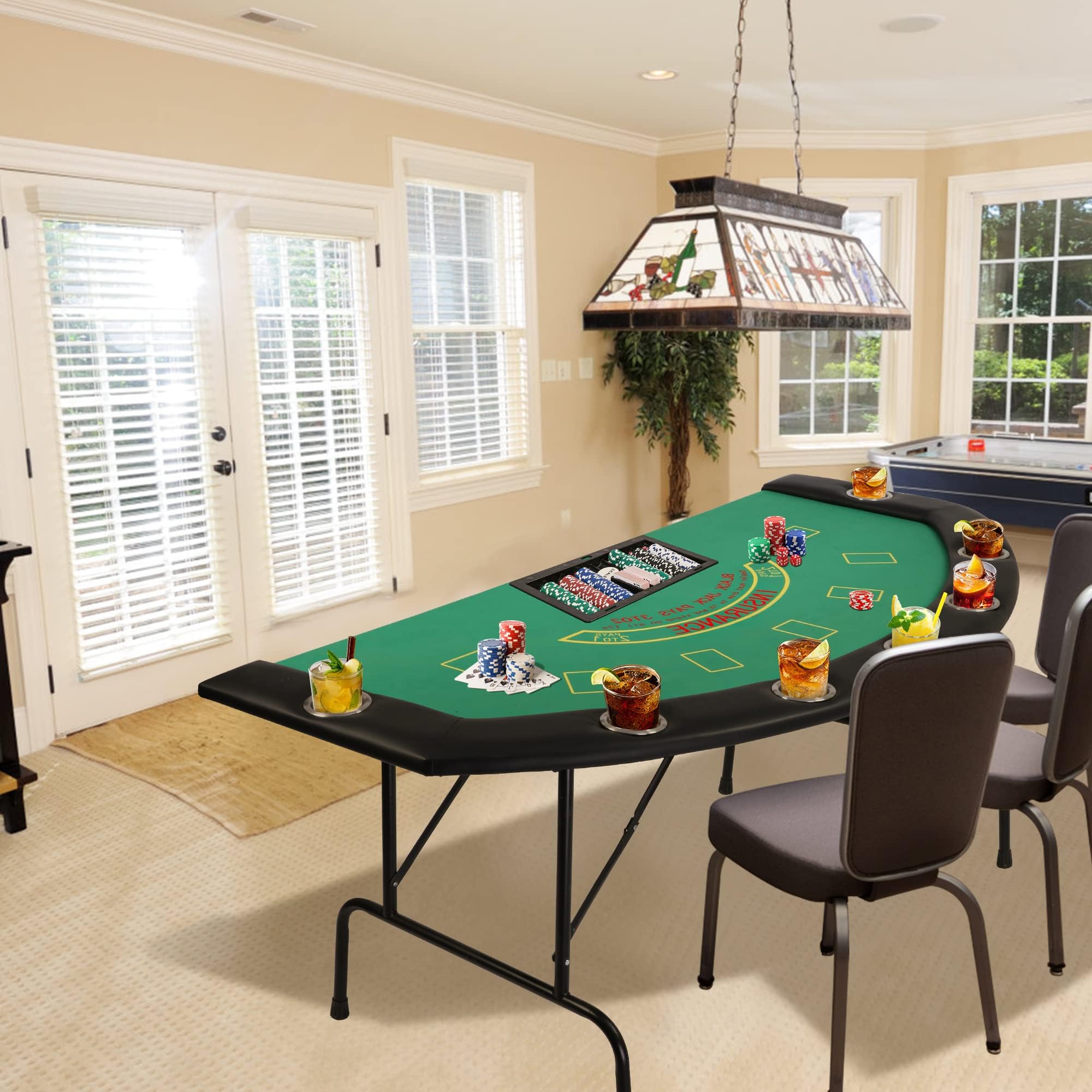 Foldable 7-Player Poker Table for Blackjack & Texas Hold'em - Casino Game Table with Stainless Steel Cup Holders - Green Speed Felt Surface for Card Games, Dominoes & Board Games - Perfect for Home Game Nights & Casino-Themed Parties