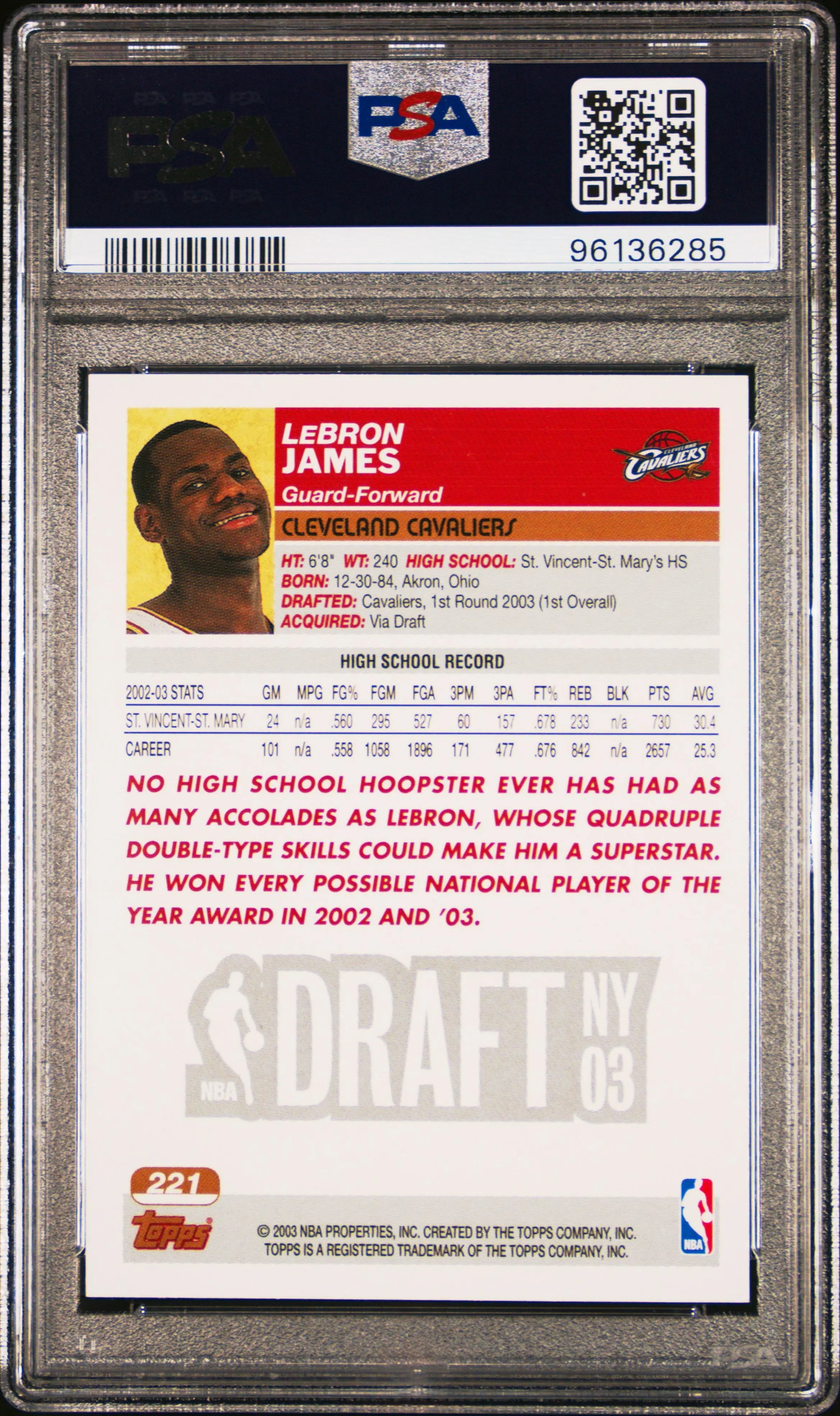 2003 Topps LeBron James Rookie Card #221 PSA 9 Mint - Collectible Basketball Trading Card for NBA Fans & Sports Memorabilia Enthusiasts