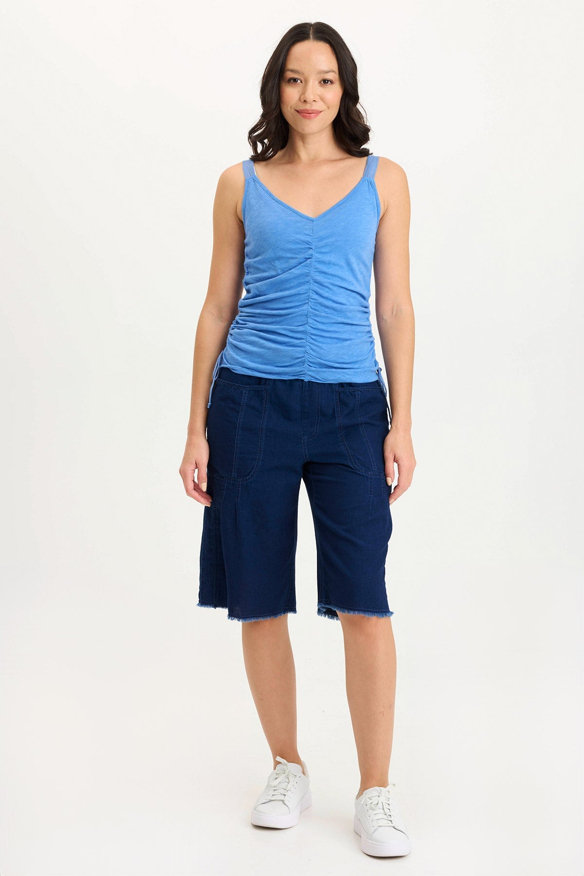 Themia Women's Indigo Twill Pull-On Bermuda Shorts - Comfortable Stretch Waist Casual Summer Shorts for Outdoor Activities & Travel