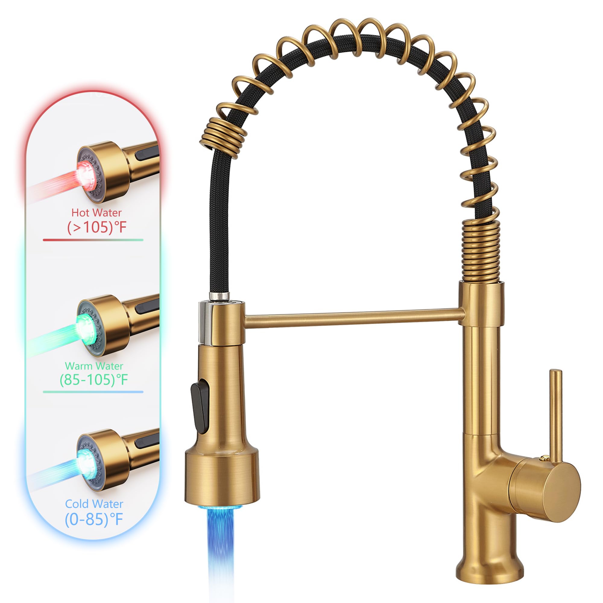 GIMILI Brushed Gold Kitchen Faucet with Pull Down Sprayer - Single Handle LED Kitchen Sink Faucet for Modern Home, Restaurant & Commercial Use
