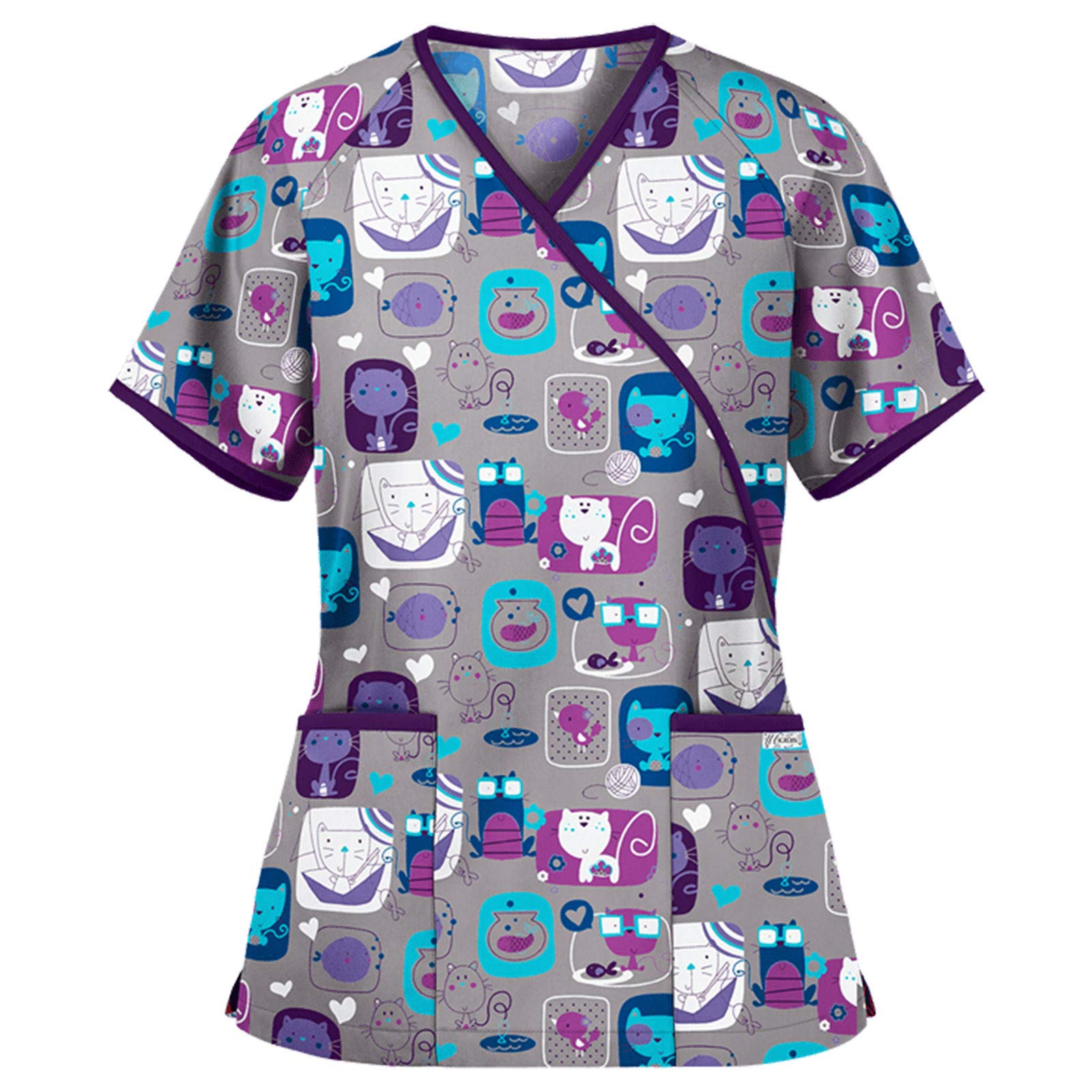 Women's Short Sleeve V-Neck Printed Scrub Top with Pockets - Comfortable Nursing Uniform & Medical Shirt for Healthcare Professionals | Perfect for Hospitals, Clinics, and Healthcare Work Environments