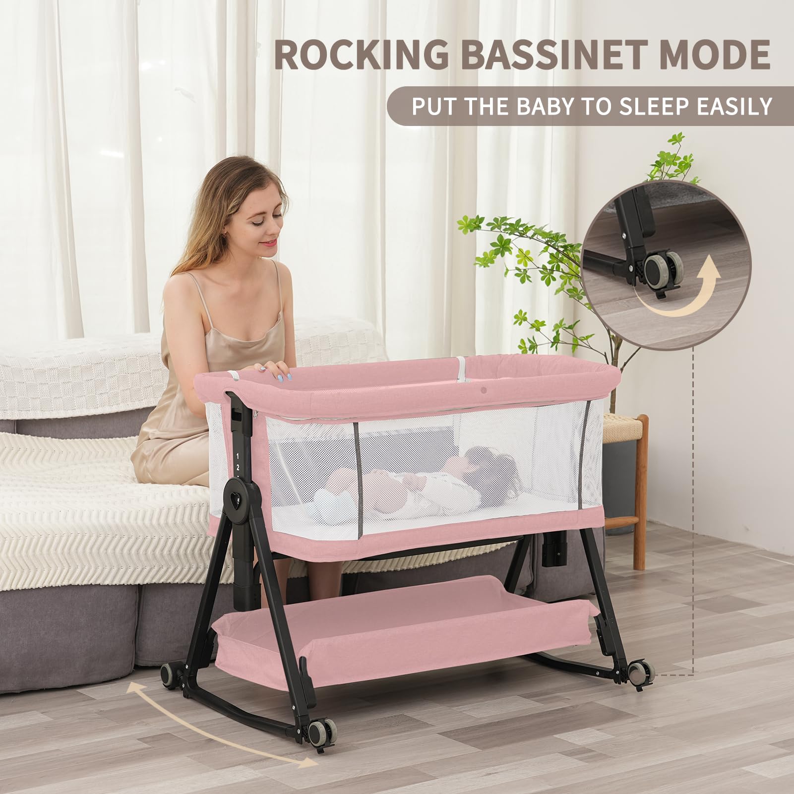 3 in 1 Baby Bassinet with Storage Basket & Wheels - Adjustable Portable Crib for Newborns - Pink Bedside Sleeper with Easy Folding Design - Perfect for Nursery, Bedroom & Travel - Jestonten