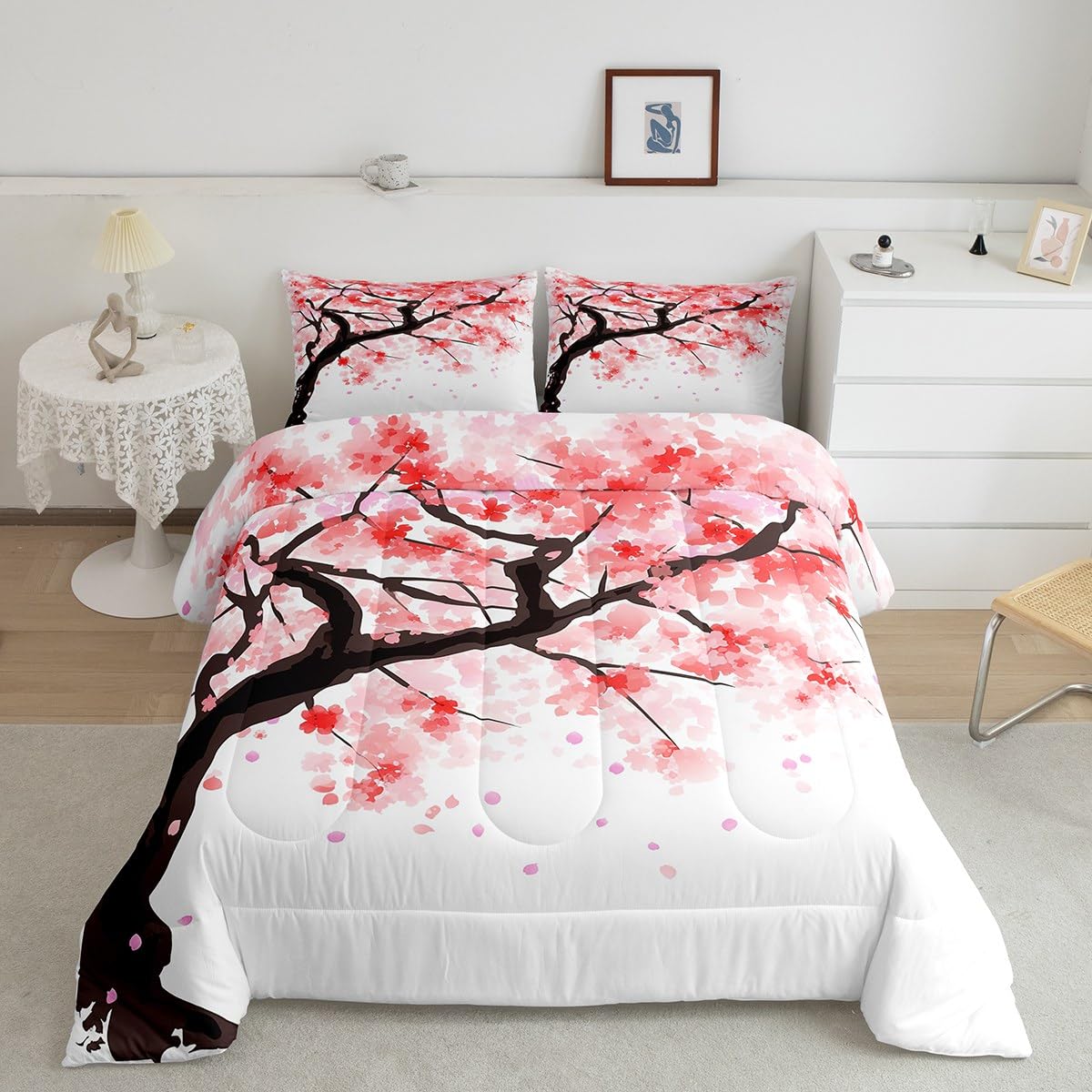 Japanese Cherry Blossom Floral Bedding Set - Queen Size 3-Piece Comforter with 2 Pillow Shams | Soft Pink Sakura Duvet Cover | Home Decor for Spring & Wedding Theme Bedroom | Cozy Comfortable Luxury Bed Set