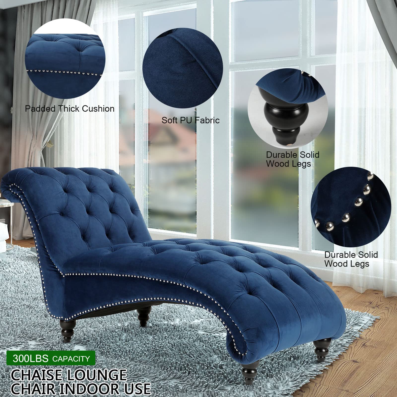 HomVent Tufted Leather Chaise Lounge Chair - Modern Indoor Lounge Chair with Button Tufting for Living Room, Office, or Bedroom - Perfect for Relaxing, Reading & Napping (Blue)