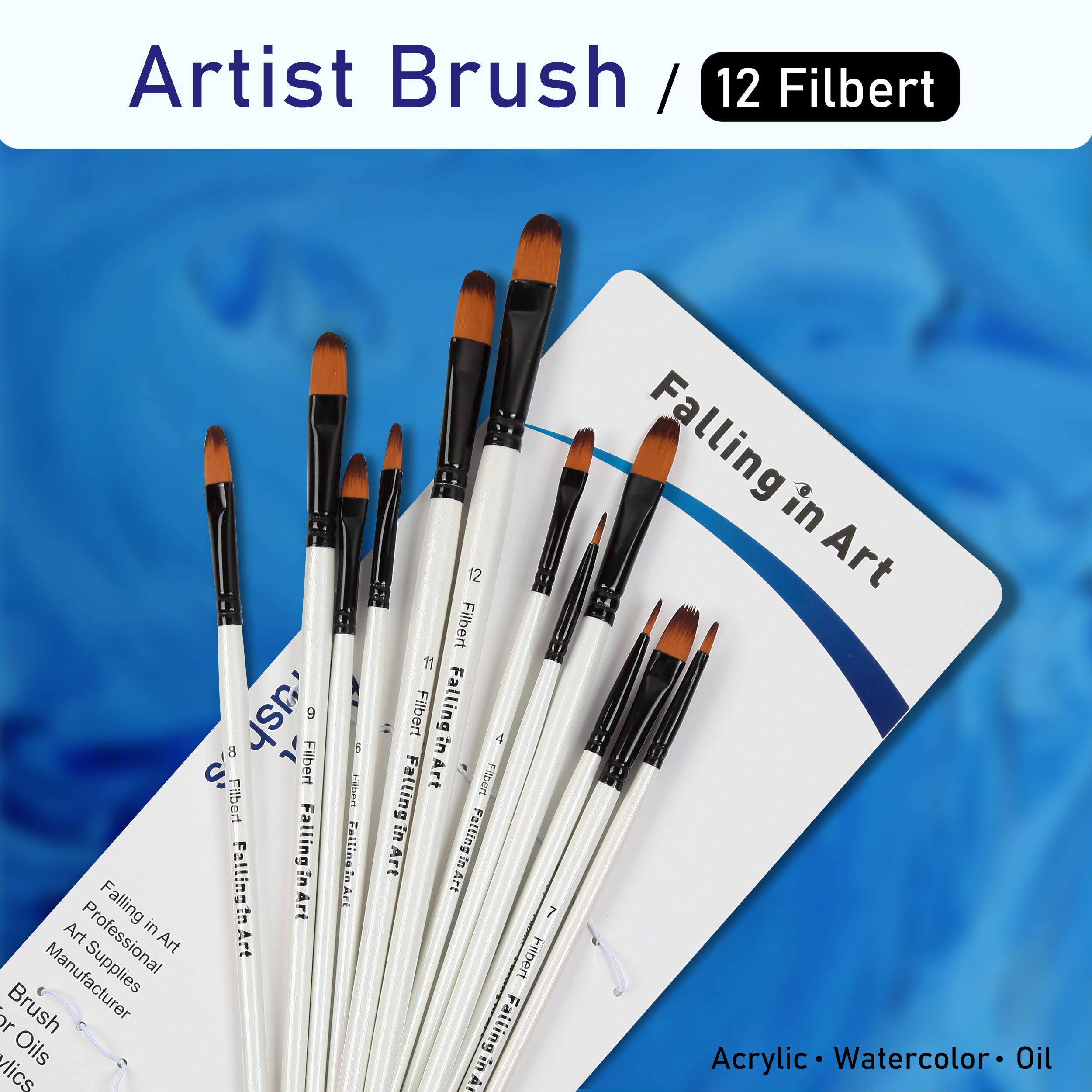 12-Piece Professional Nylon Filbert Paint Brush Set for Watercolor, Oil, Acrylic - Ideal for Face/Body Art, Nail Design, Rock Painting & DIY Crafts