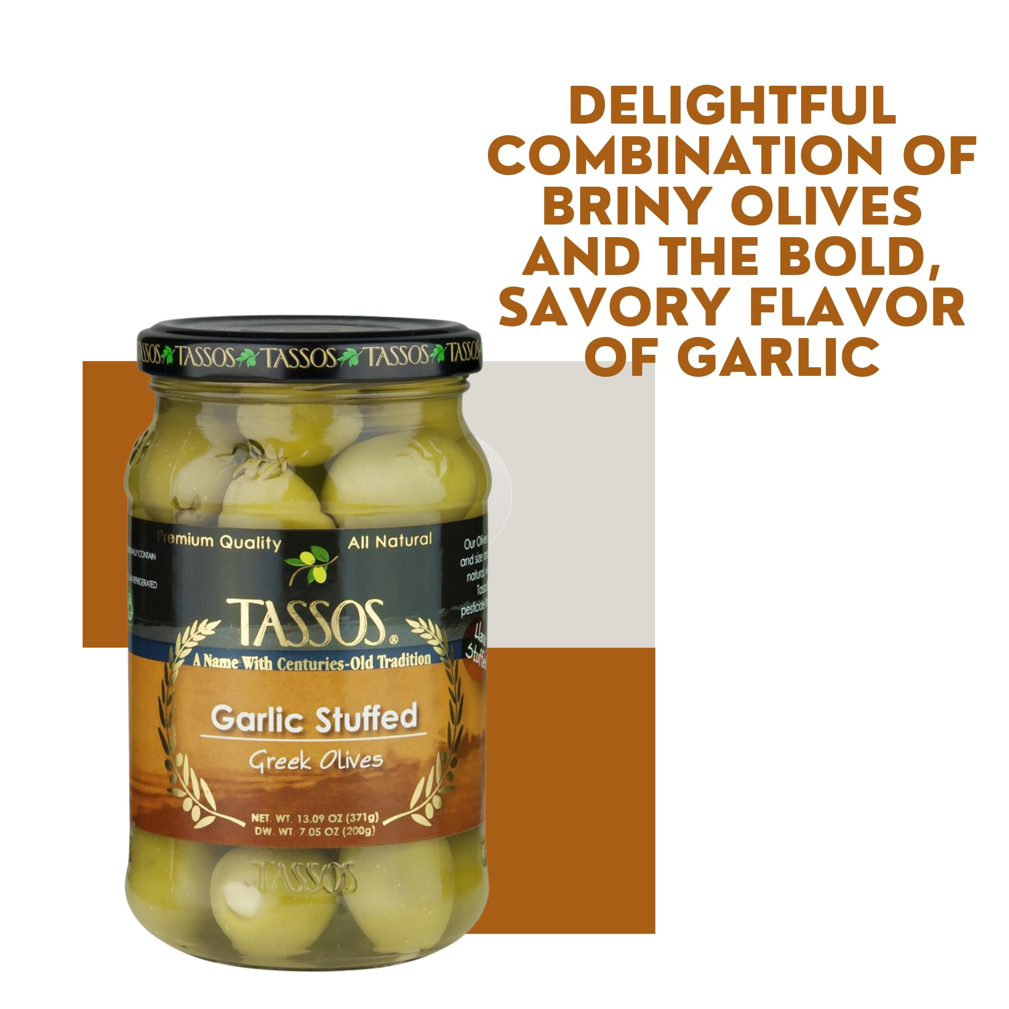 Tassos Garlic Stuffed Green Olives - 13 oz Jar | Premium Mediterranean Snack for Charcuterie Boards, Salads & Cocktails