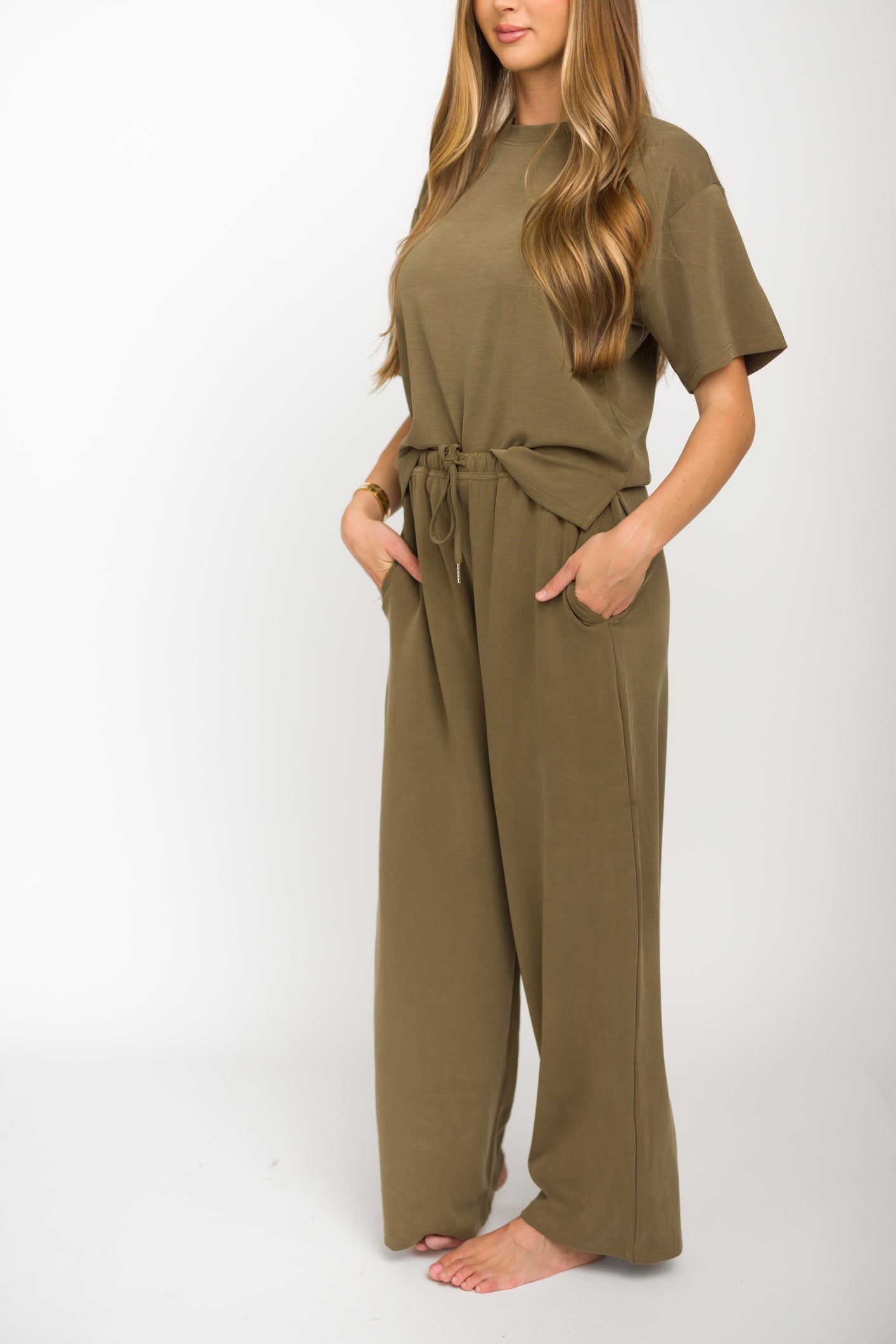 Macy Loose Fit T-Shirt & Wide Leg Pant Set - Women's Casual Sage Green Outfit for Lounge, Yoga & Everyday Wear