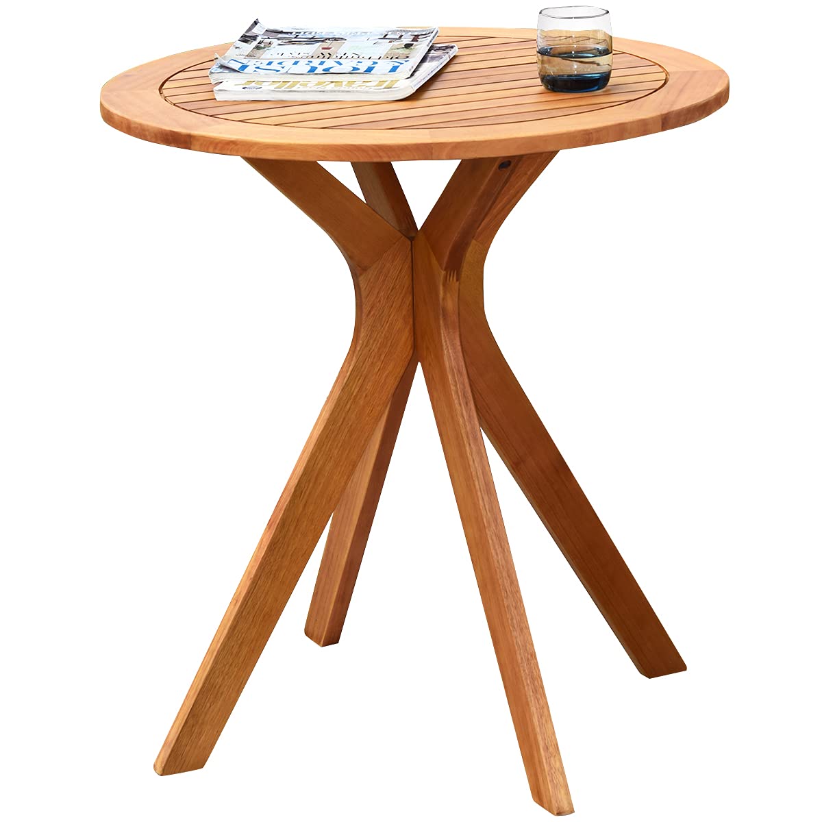 Wooden Round Patio Bistro Table with X-Shaped Base - Indoor/Outdoor Side Table for Coffee, Garden, Backyard & Living Room | Durable Teak Furniture for Relaxing & Entertaining
