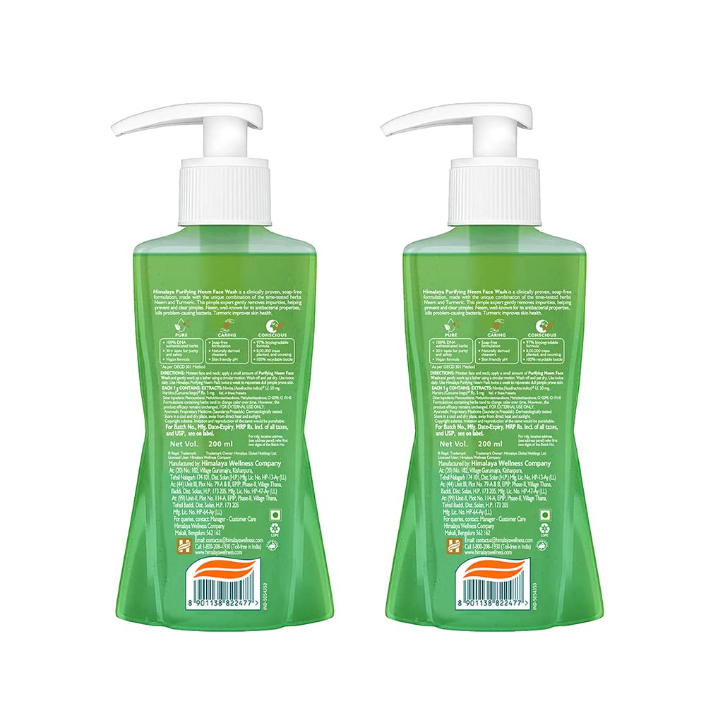 Himalaya Purifying Neem Face Wash for Acne & Oily Skin - 200ml (Pack of 2) - Deep Cleansing, Oil Control & Pore Minimizing - Perfect for Daily Skincare Routine & Travel