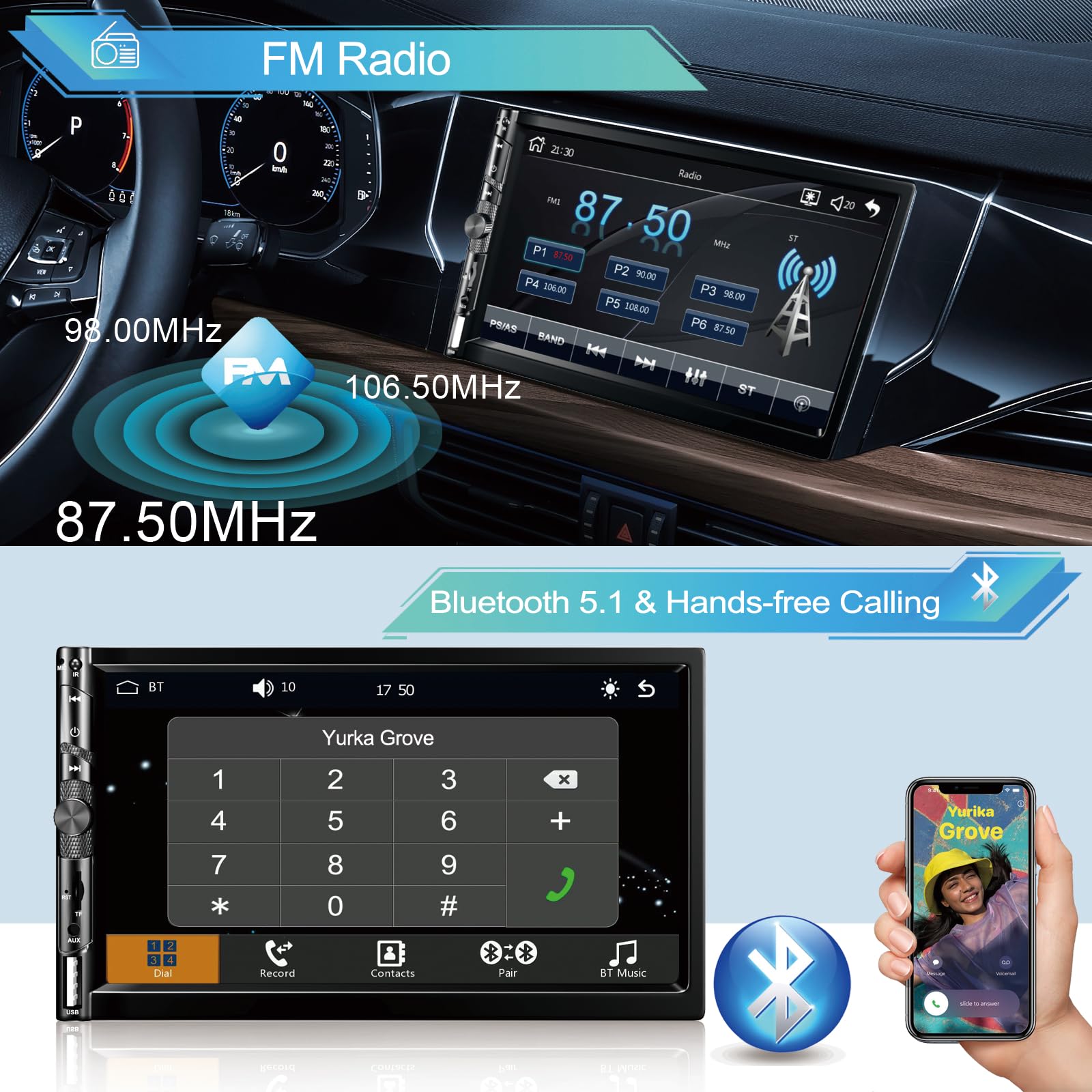 7 Inch Wireless Double Din Car Stereo with Apple CarPlay & Android Auto - HD 1024x600 Touchscreen, Bluetooth 5.1 Hands-Free, GPS Navigation, Backup Camera - FM Radio Receiver with USB/AUX/TF/SWC/EQ for Seamless Driving & Entertainment