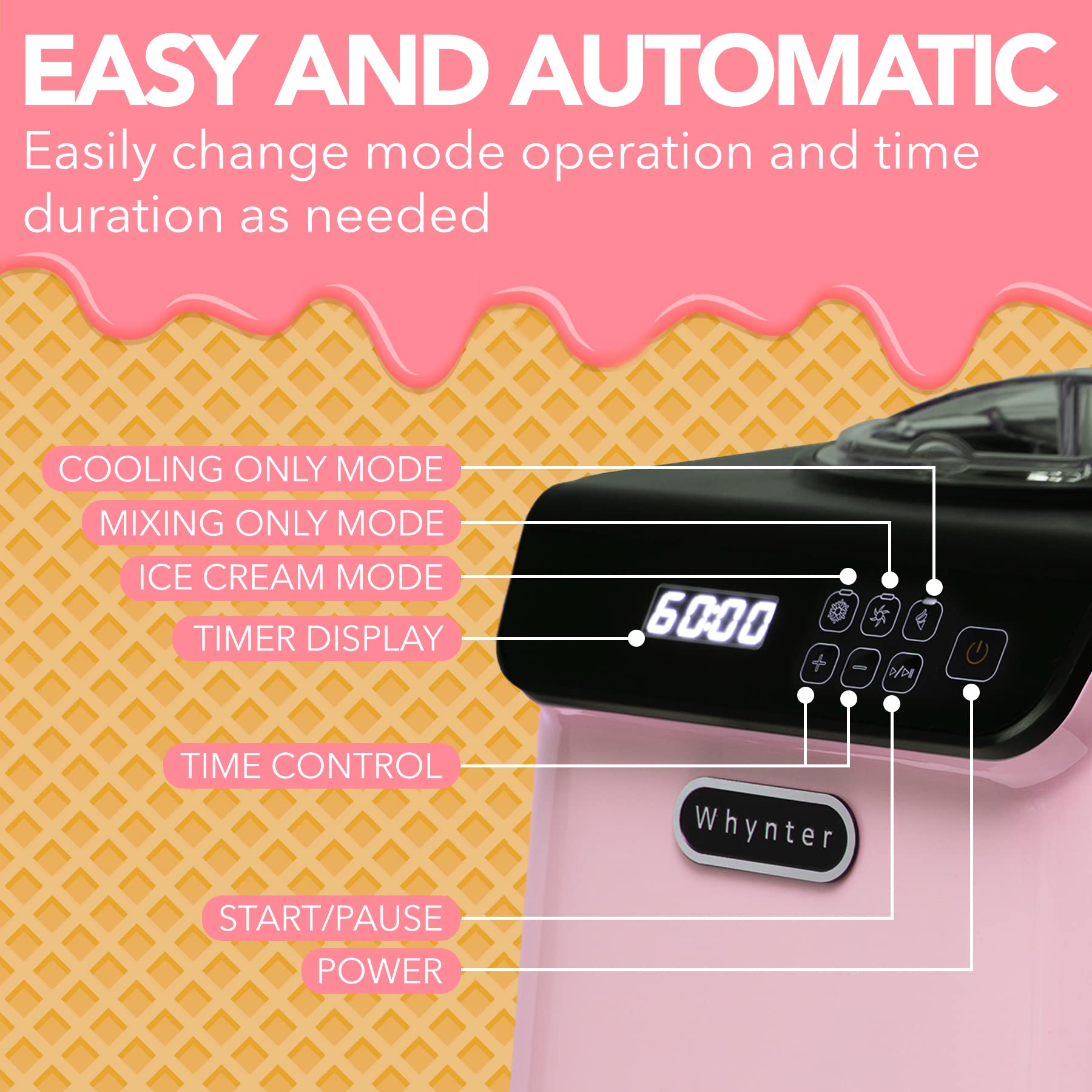 Whynter 1.28 Qt Automatic Ice Cream Maker with Built-In Compressor - No Pre-Freezing, LCD Digital Display & Timer - Perfect for Home, Parties & Dessert Shops (ICM-128BPS, Black/Pink)