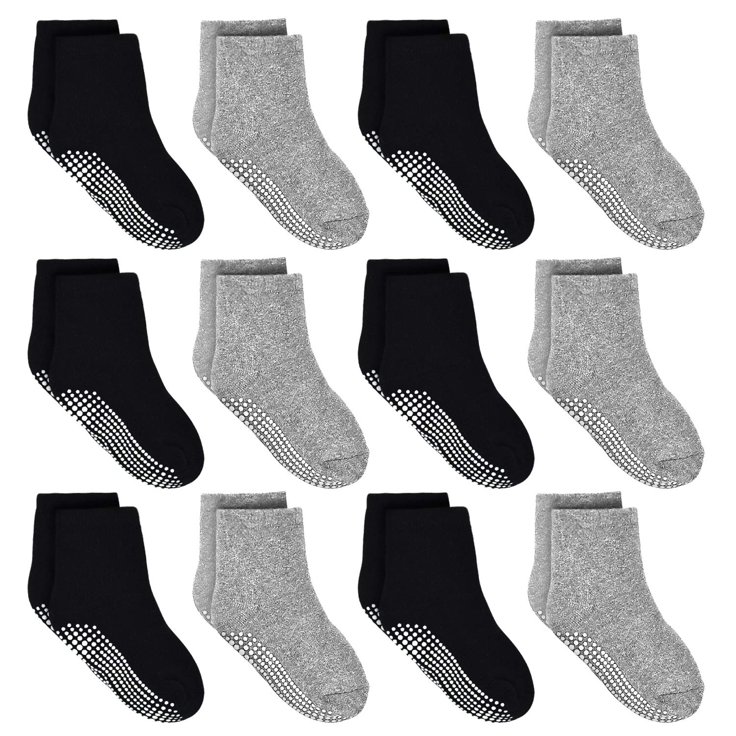 12 Pairs Non-Slip Toddler Socks with Grips - Cotton Anti-Skid Ankle Crew Socks for Boys & Girls (1-7 Years) - Perfect for Playtime, Daycare & Indoor Activities