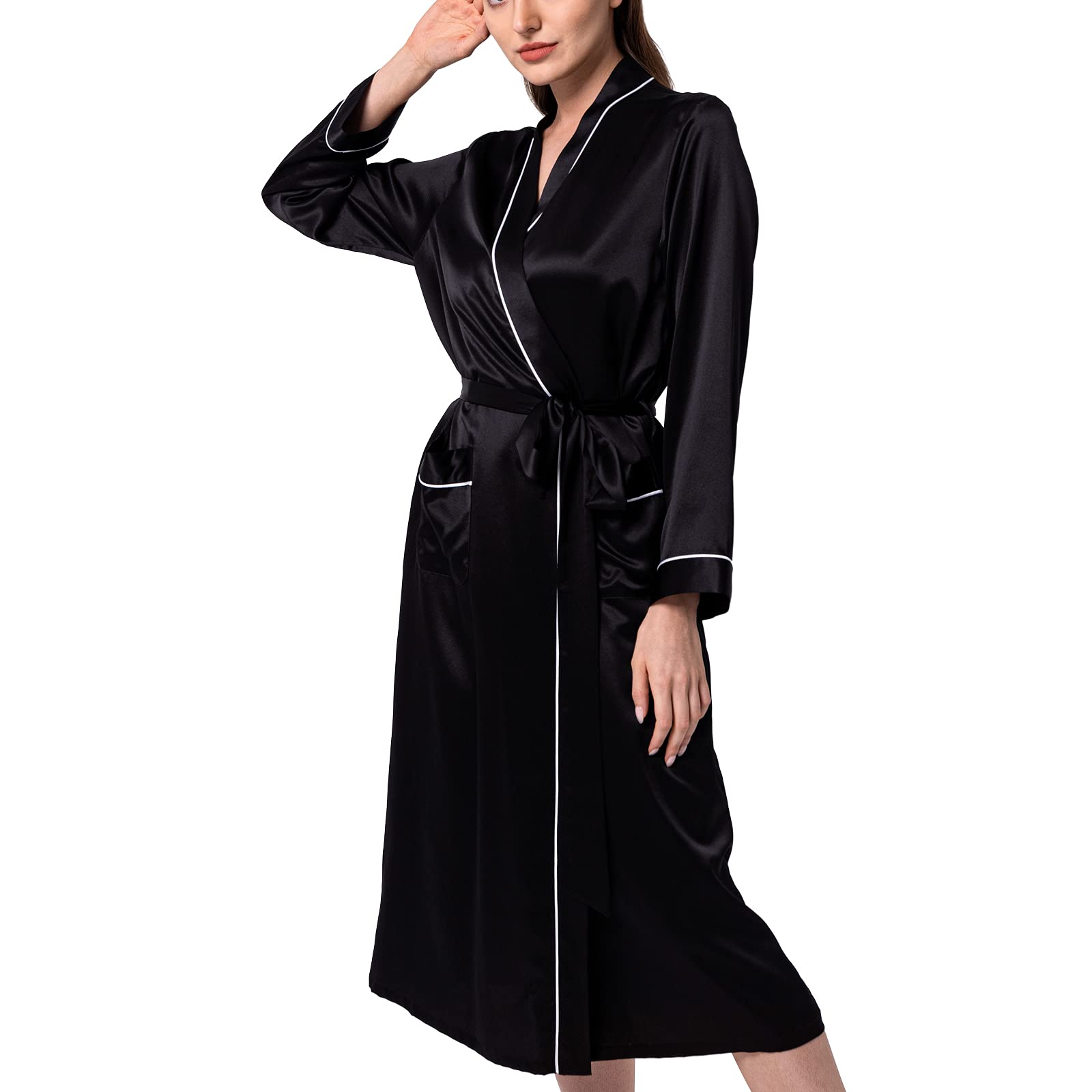 Luxury 22 Momme Silk Kimono Robe - Full Length V-Neck Sleepwear with White Piping | Elegant Black Silk Nightgown for Women | Perfect for Spa Days, Bridal Gifts & Relaxing at Home