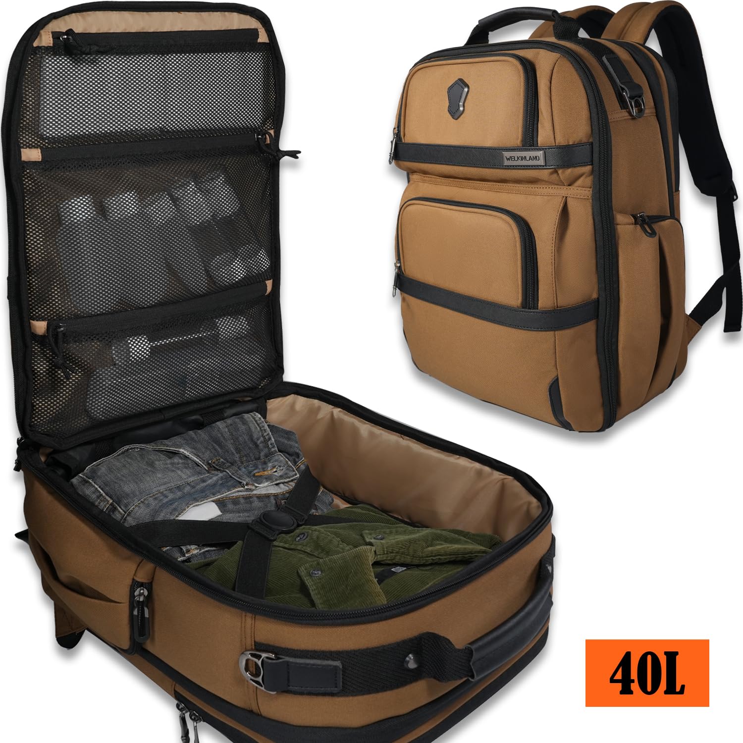 WELKINLAND 20-Pocket Expandable Travel Backpack for Men - 16-Inch Laptop Carry-On Backpack with Trolley Sleeve & Shoe Compartment - Perfect for Business Trips, Air Travel & Weekend Getaways