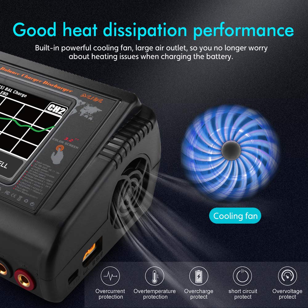 Professional 200W AC/400W DC 12A LiPo Battery Charger Discharger with Touch Screen - Balance Charger for LiPo/LiFe/NiCd/NiMH/LiHV/PB Batteries (1S-6S) - Perfect for RC Cars, Drones, and DIY Electronics Projects