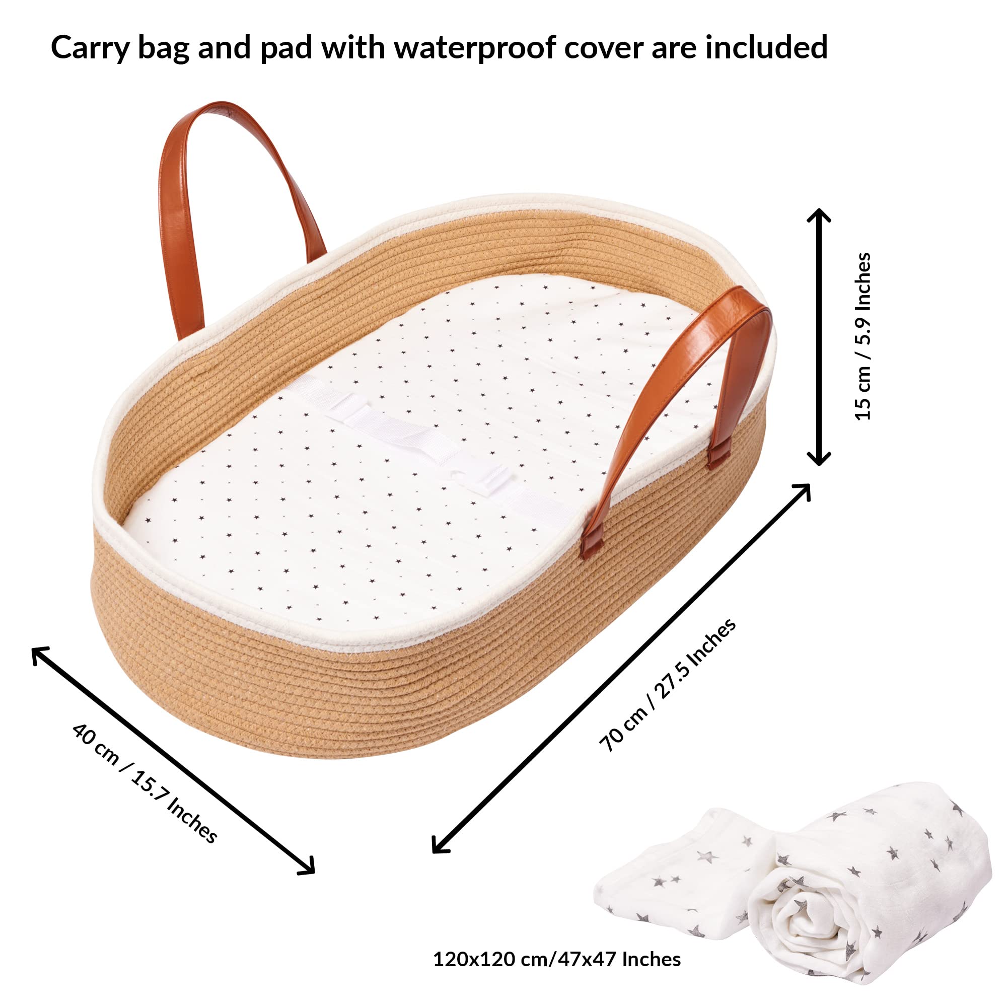 Organic Cotton Moses Baby Basket with Soft Muslin Blanket - Portable Infant Changing Basket for Nursery & Travel - Breathable Woven Bassinet with Removable Pad - Perfect for Newborn Sleep, Diaper Changes & On-the-Go Parenting