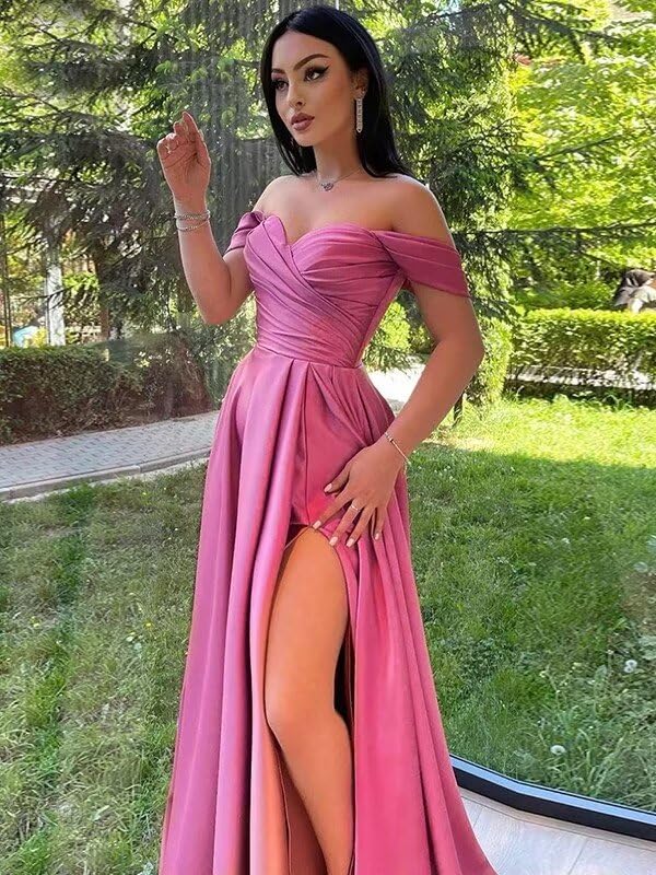 Elegant Off-the-Shoulder Satin Bridesmaid Dresses - Long Formal A-Line Evening Gowns with Ruched Detail for Women | Perfect for Weddings, Proms & Special Occasions
