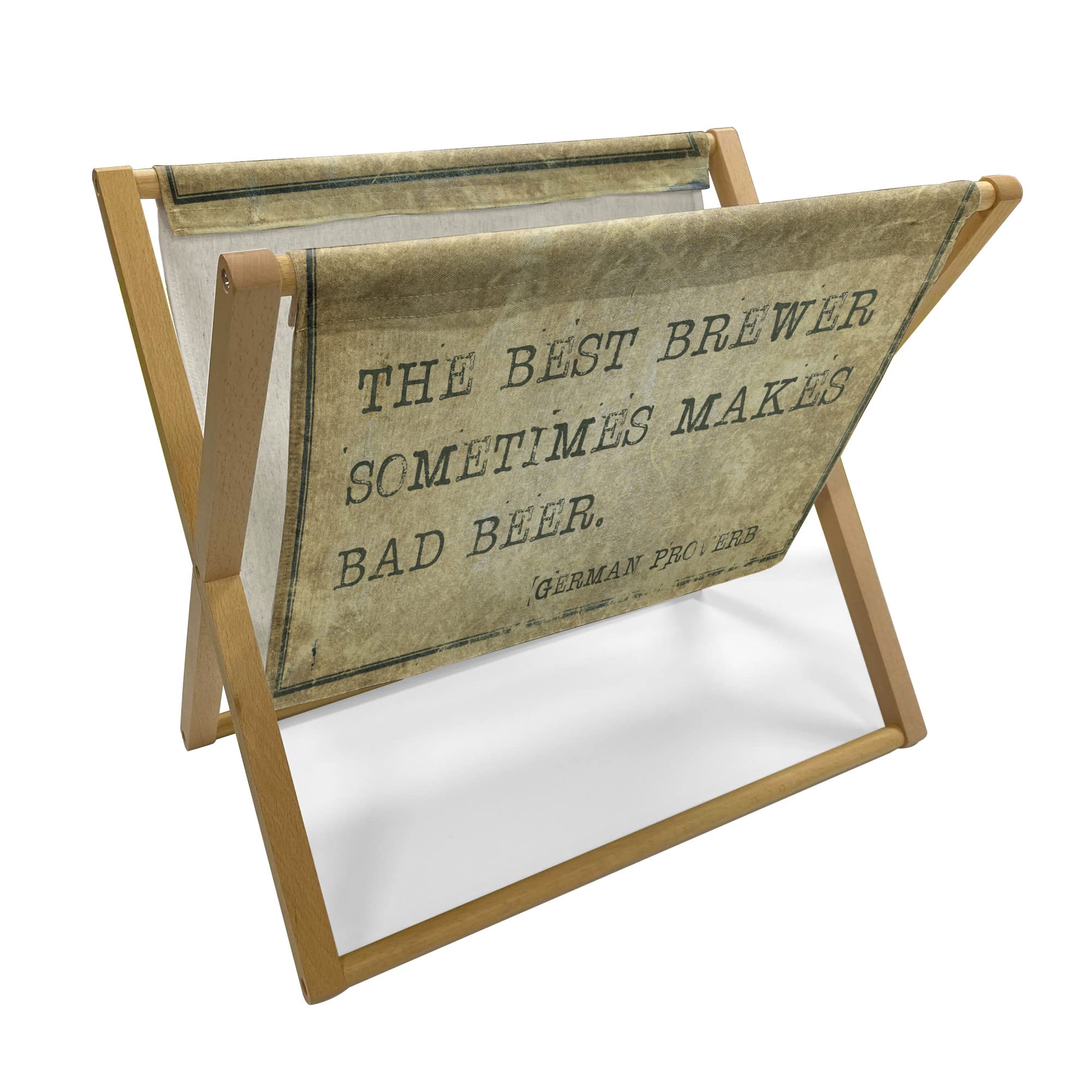 Lunarable Man Cave Magazine & Book Holder - German Proverb Wisdom Brewer Beer Philosophy Design - 22x19 Inch Floor Rack Organizer for Office, Home, School - Pale Brown Army Green - Perfect for Home Libraries, Man Caves & Reading Nooks