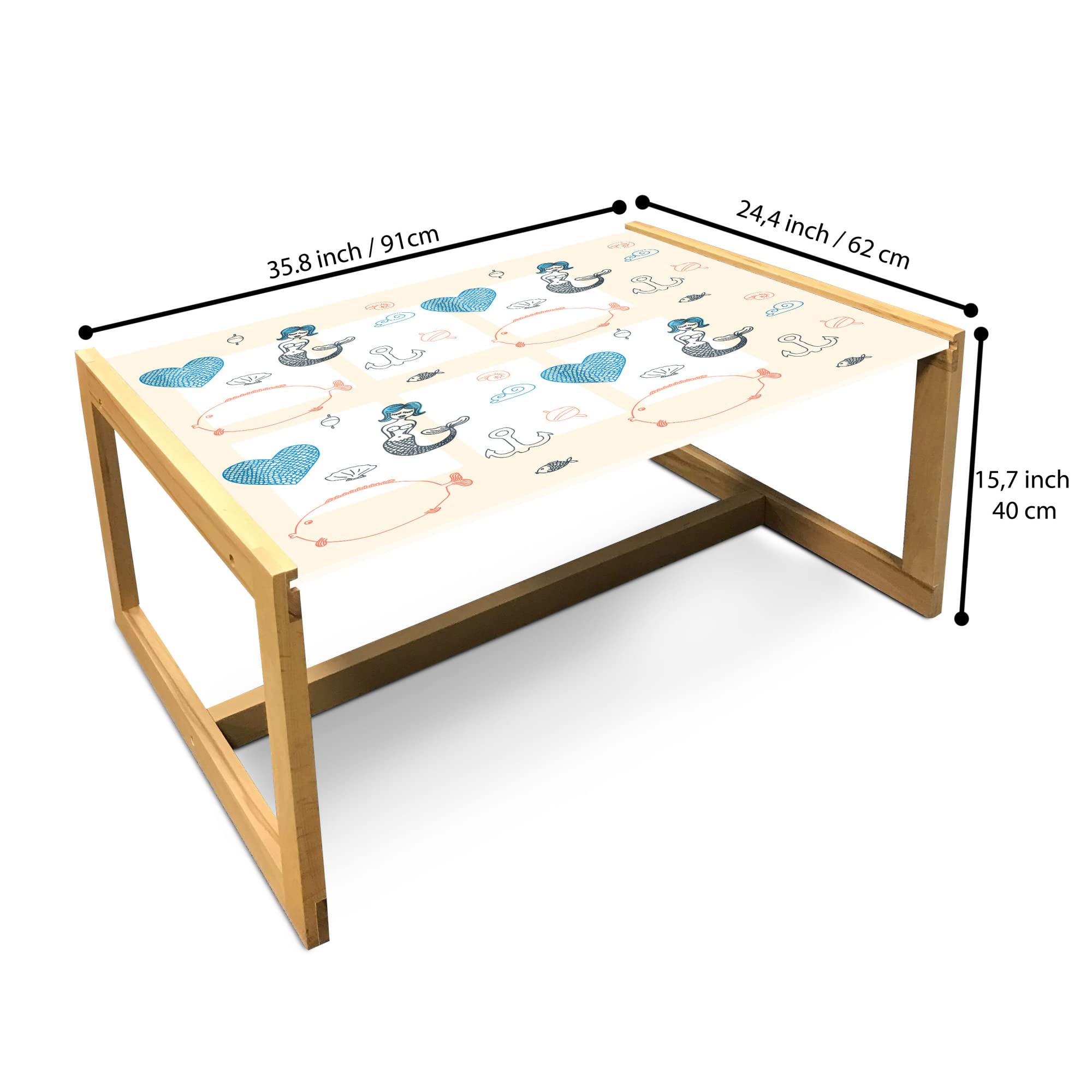 Ambesonne Mermaid Coffee Table with Balloon Fish Hearts Pattern - Sea Oceanic Sketch Art Theme - Acrylic Glass Top & Wooden Frame - Large Size in Pale Blue, Black & Cream - Perfect for Living Room, Office or Dorm Decor